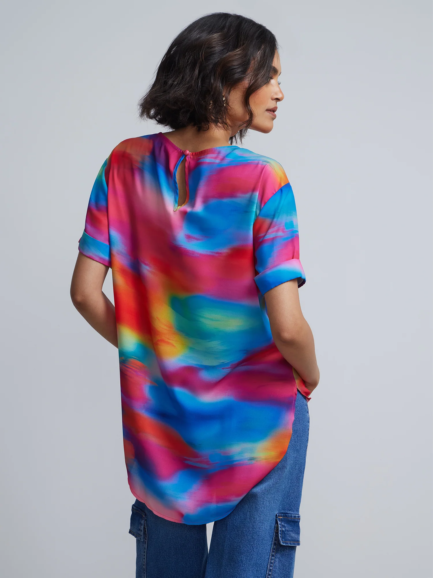 Tall Tie-Dye Print Crewneck Side-Slit Cuffed Blouse - Image 3