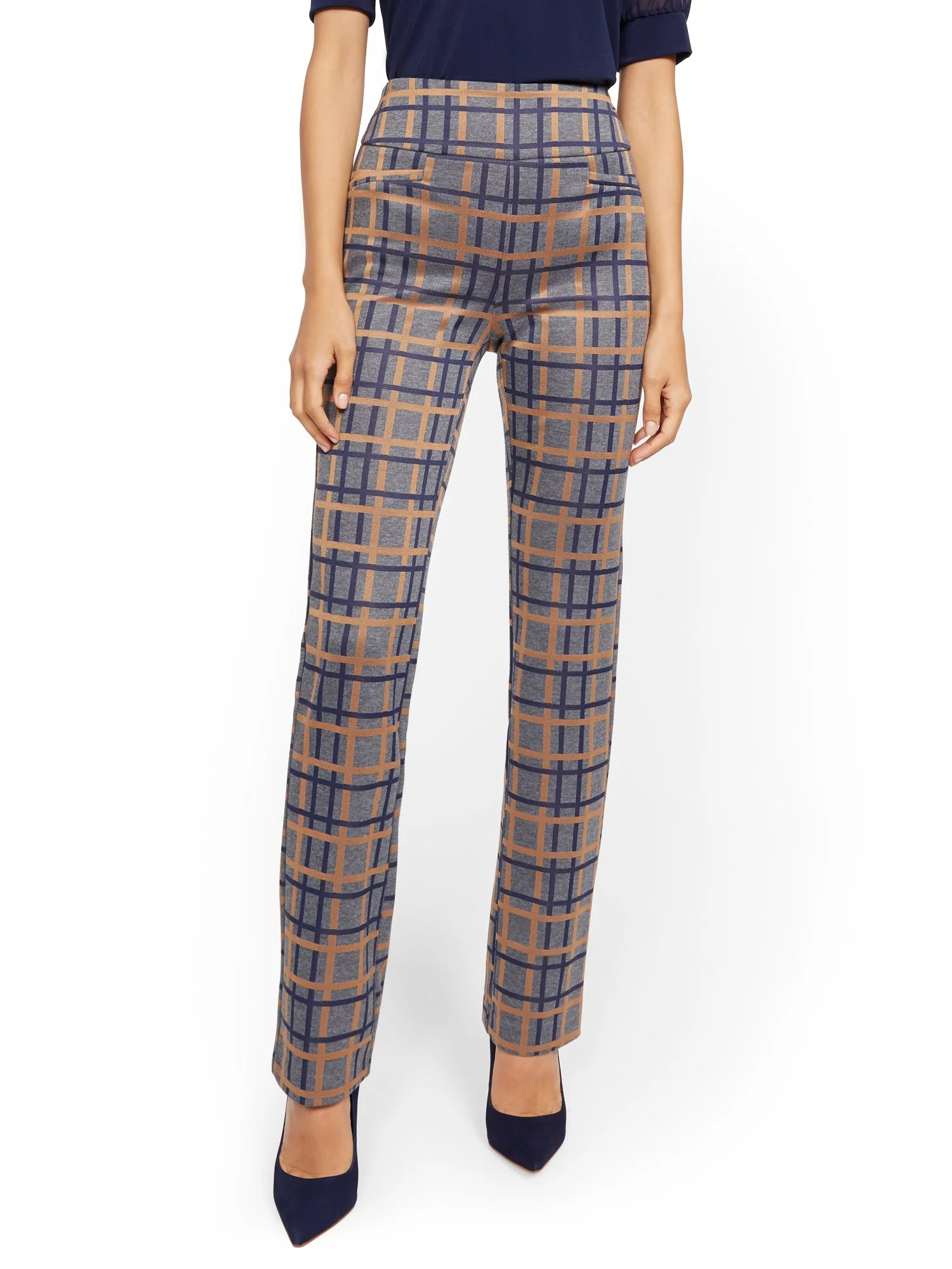 Tall Whitney High-Waisted Pull-On Straight-Leg Pant - Blue Plaid Ponte - 7th Avenue - Image 2