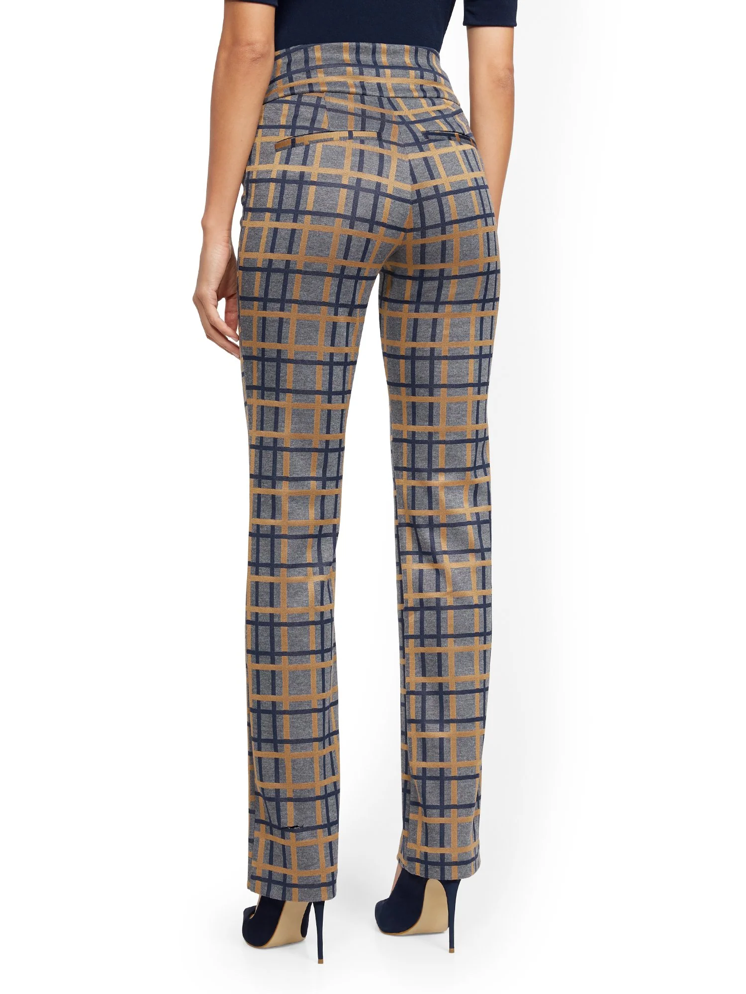 Tall Whitney High-Waisted Pull-On Straight-Leg Pant - Blue Plaid Ponte - 7th Avenue - Image 3