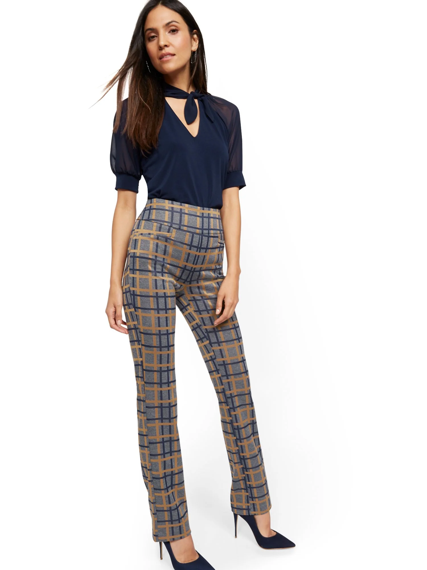 Tall Whitney High-Waisted Pull-On Straight-Leg Pant - Blue Plaid Ponte - 7th Avenue - Image 4