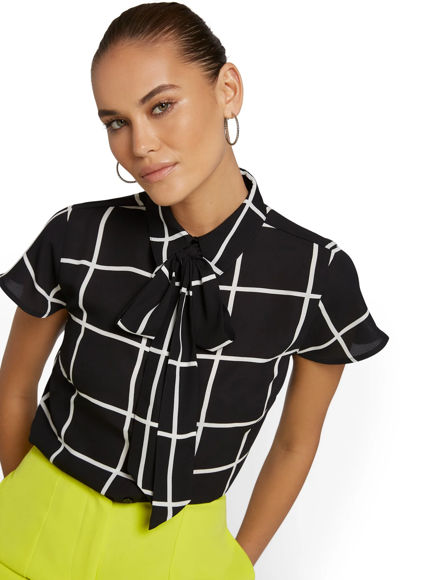 Tall Windowpane-Print Button-Front Bow-Neck Blouse