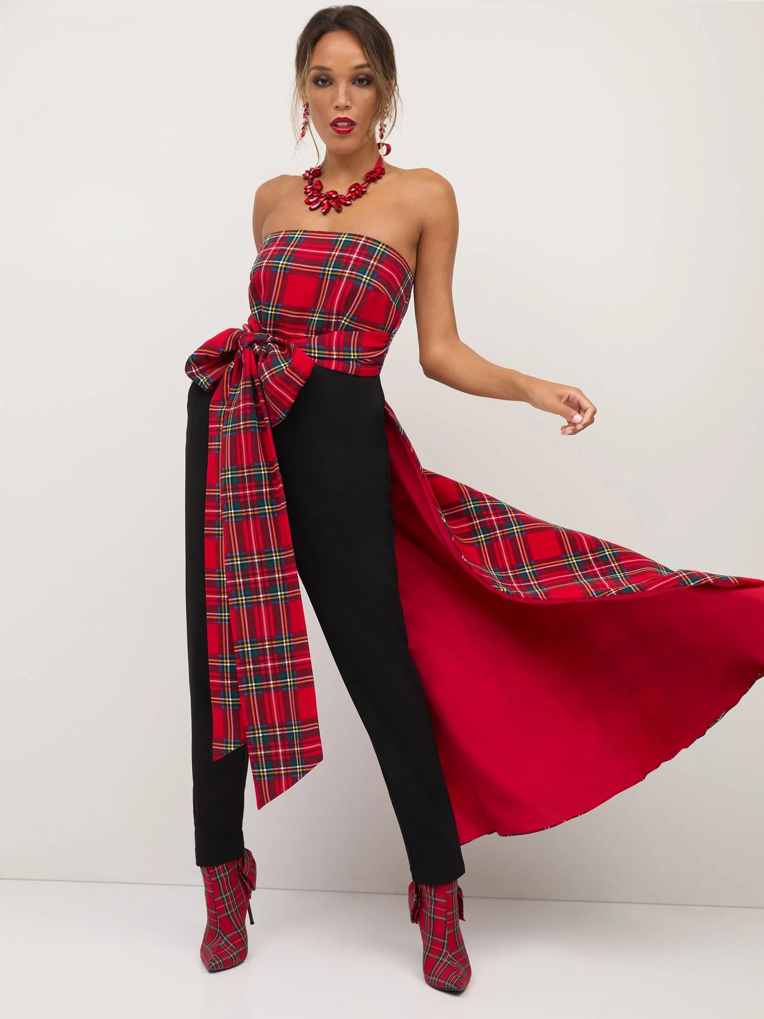 Tartan Bow-Waist Train Jumpsuit - Image 2