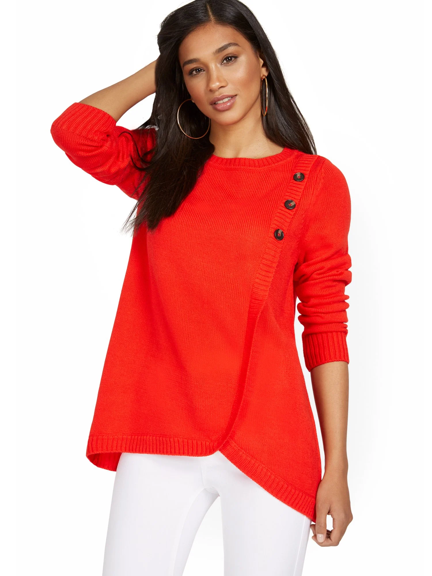 Three-Button Overlapped Tunic Sweater - Image 5
