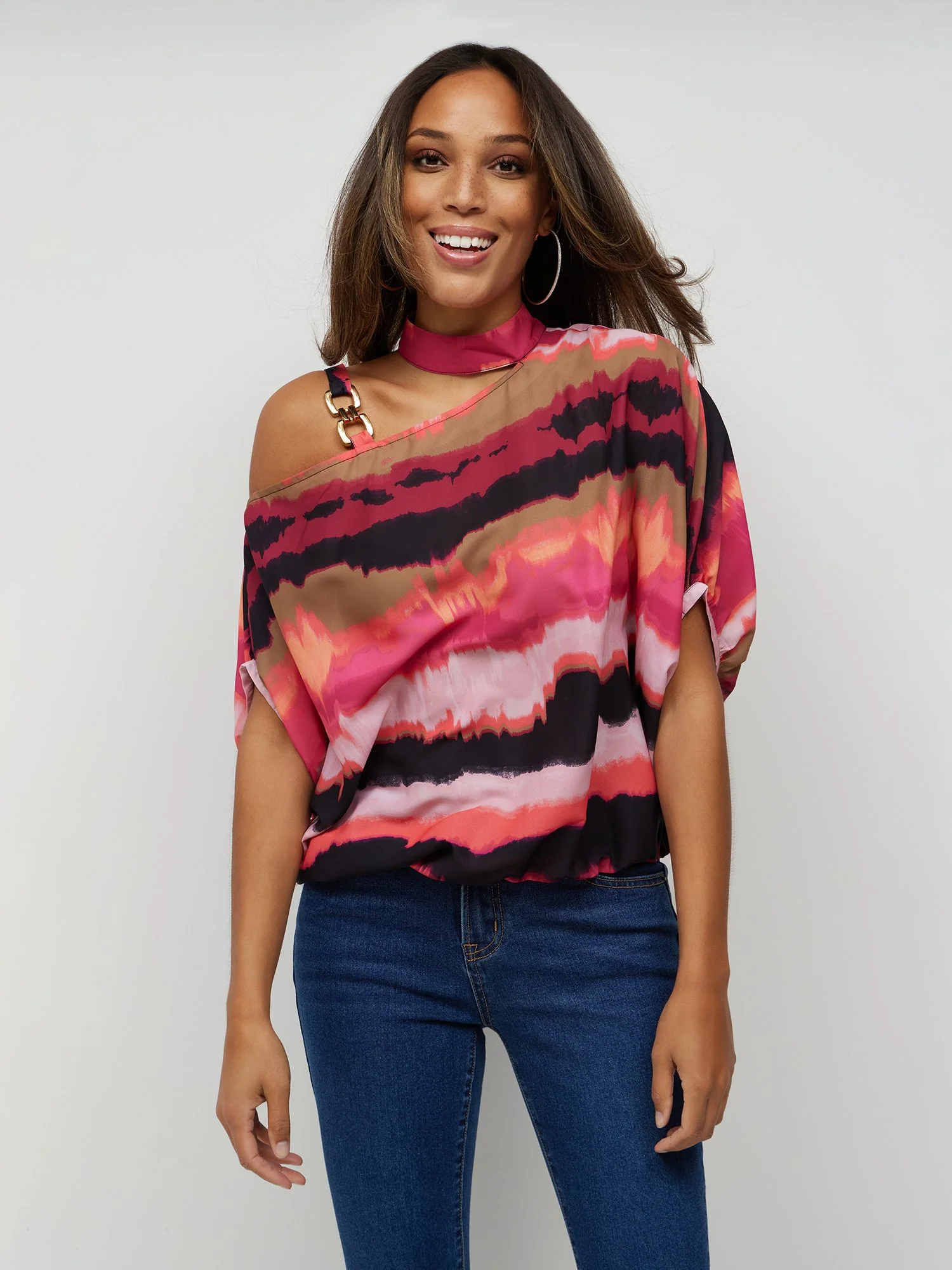 Tie-Dye Print Asymmetric Chain-Detail Cold-Shoulder Blouse