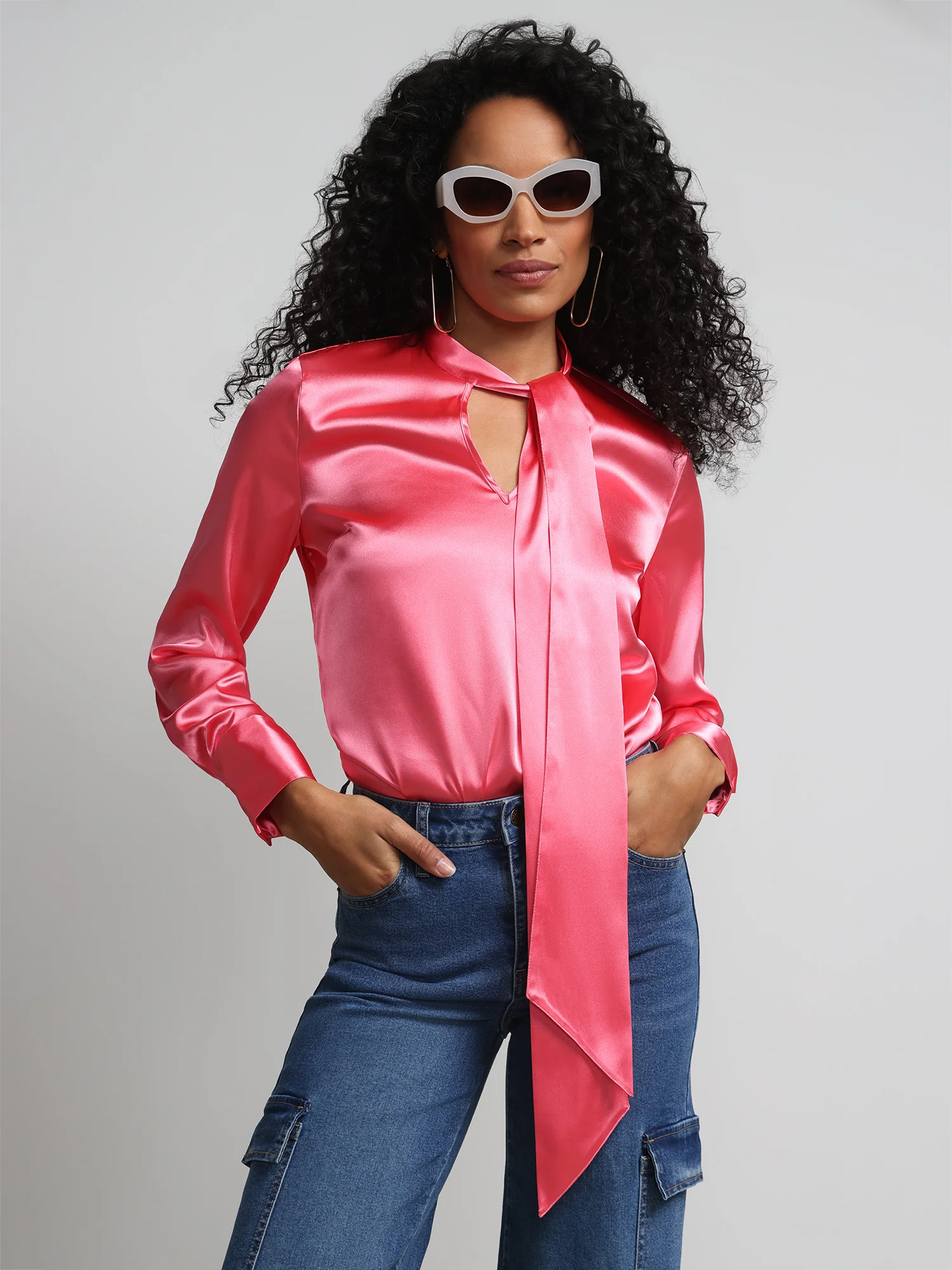 Tie-Front Cut-Out Satin Effect Blouse - Image 5