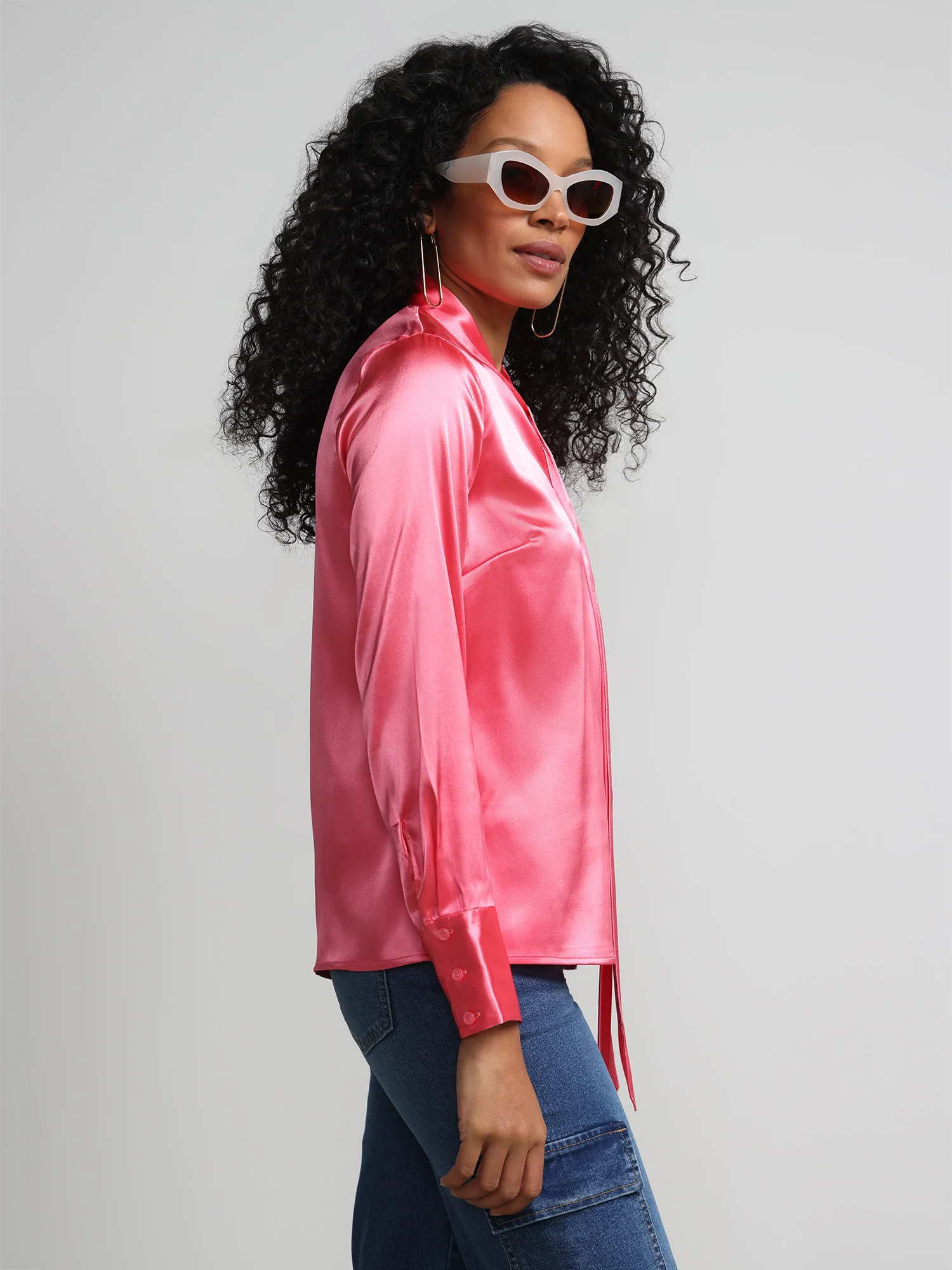 Tie-Front Cut-Out Satin Effect Blouse - Image 6