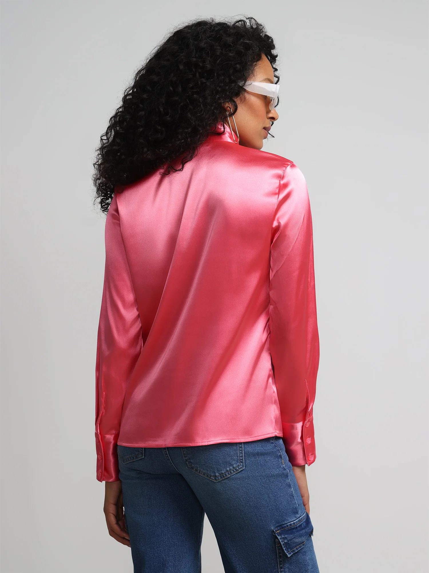 Tie-Front Cut-Out Satin Effect Blouse - Image 7