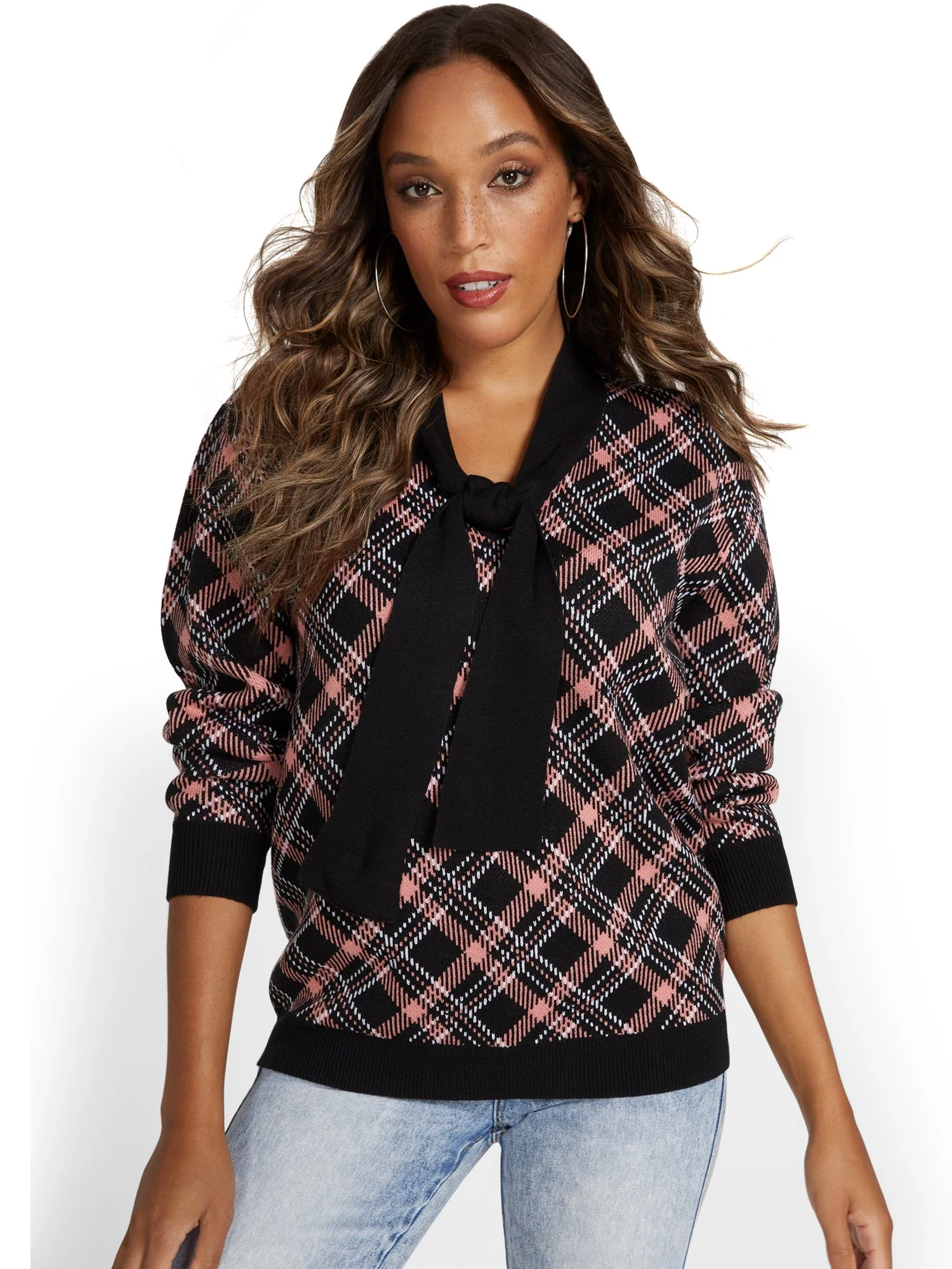Tie-Front Pullover Sweater - Plaid - Image 2