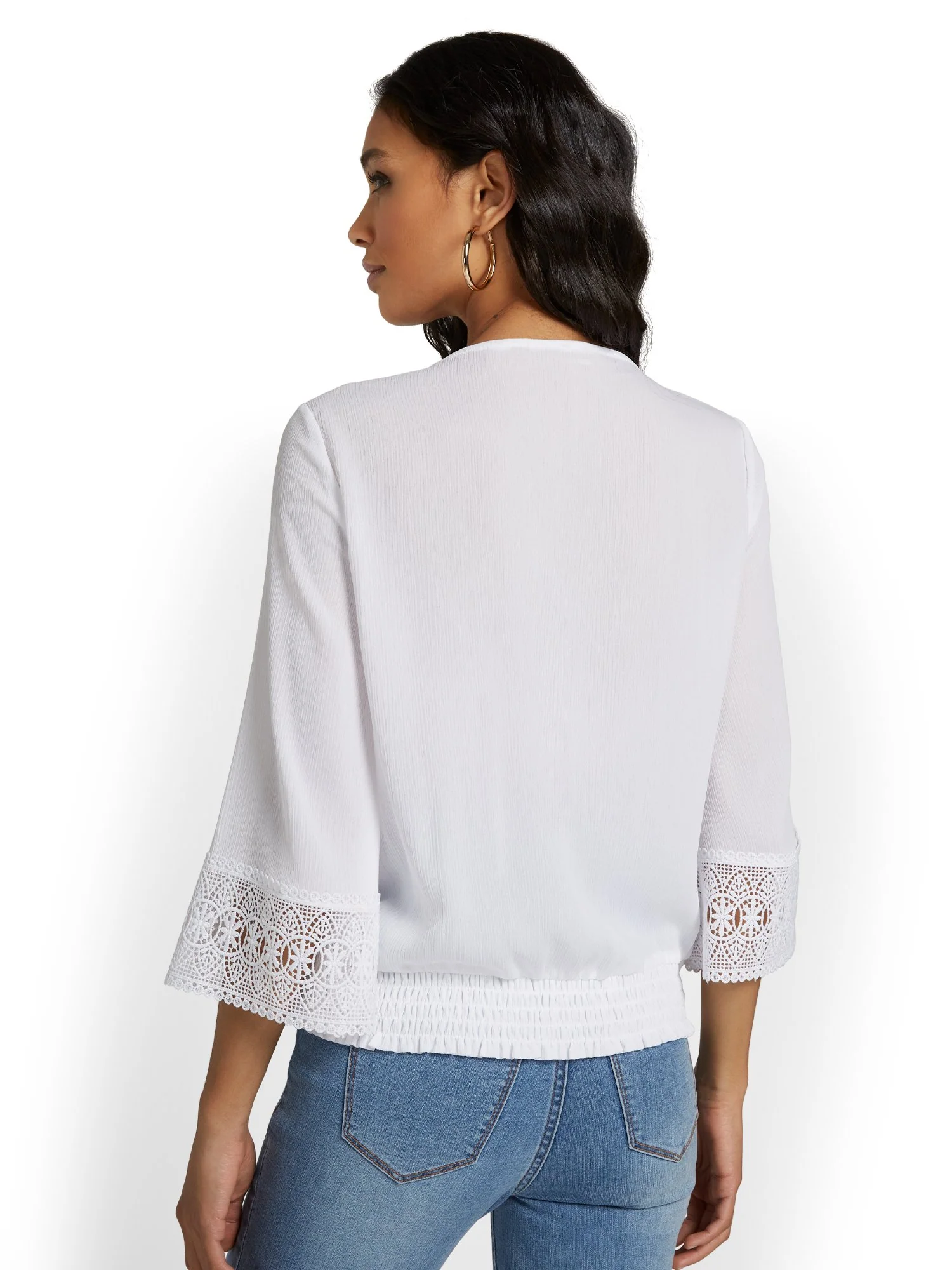 Tie-Neck Eyelet Bell-Sleeve Blouse - Lily & Cali - Image 3