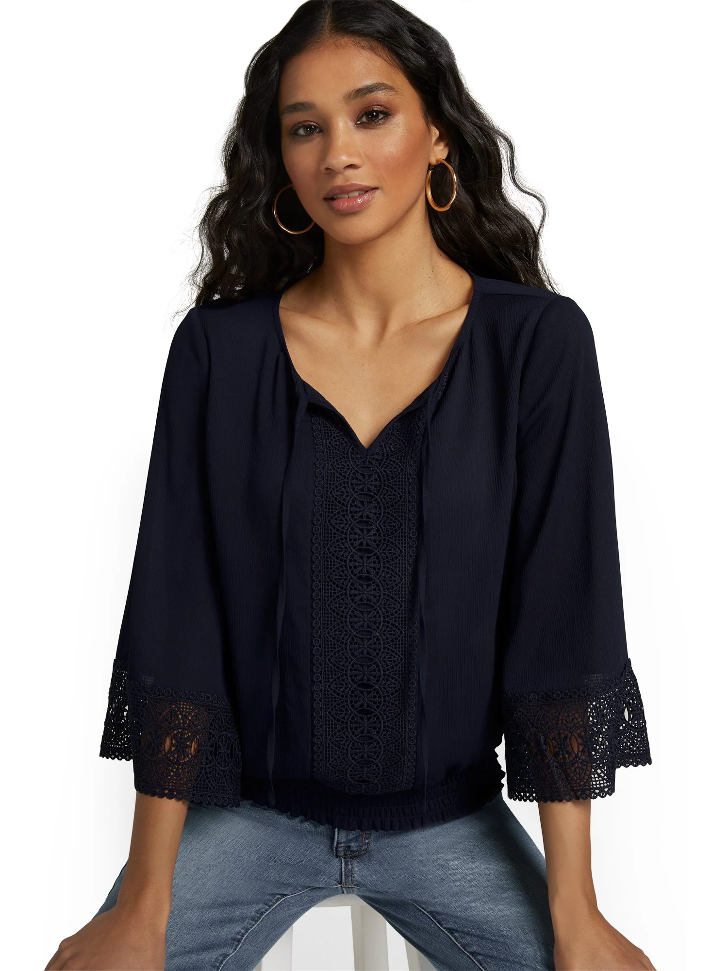 Tie-Neck Eyelet Bell-Sleeve Blouse - Lily & Cali - Image 6