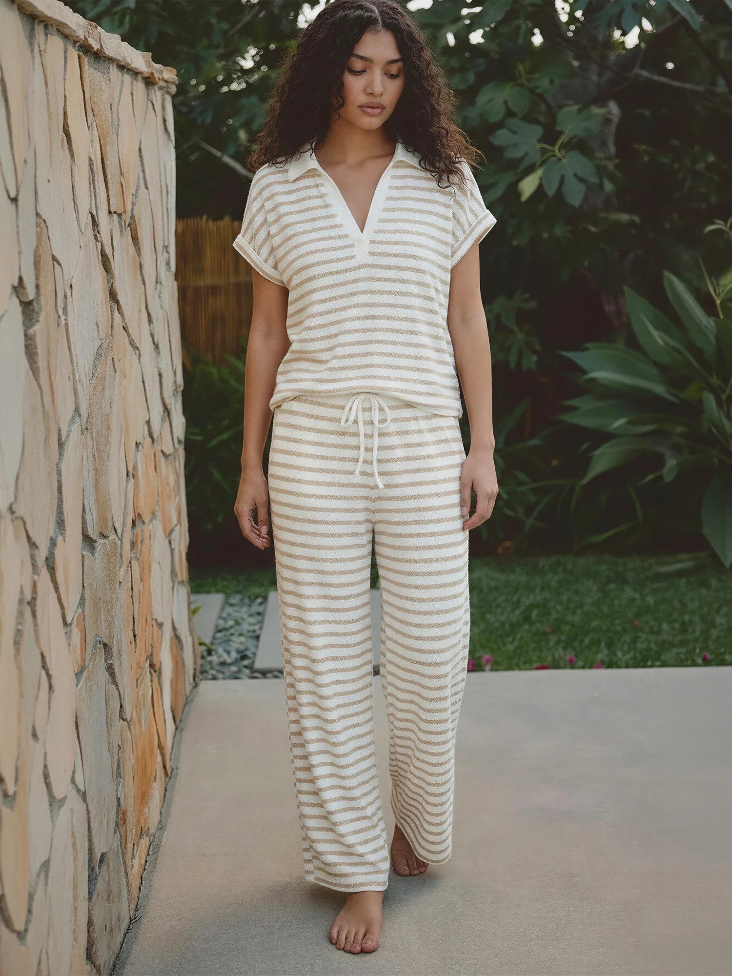 Tie Waist Striped Knit Flowy Pants