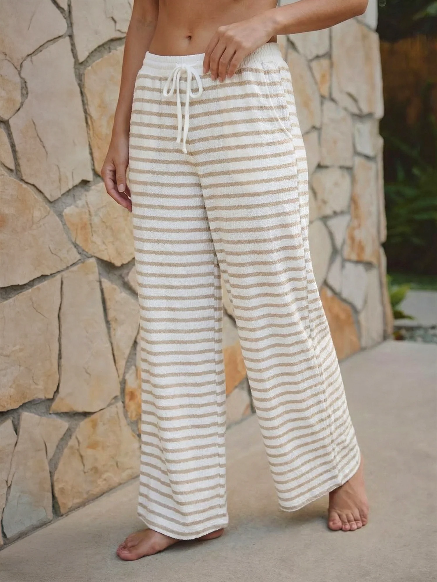 Tie Waist Striped Knit Flowy Pants - Image 2