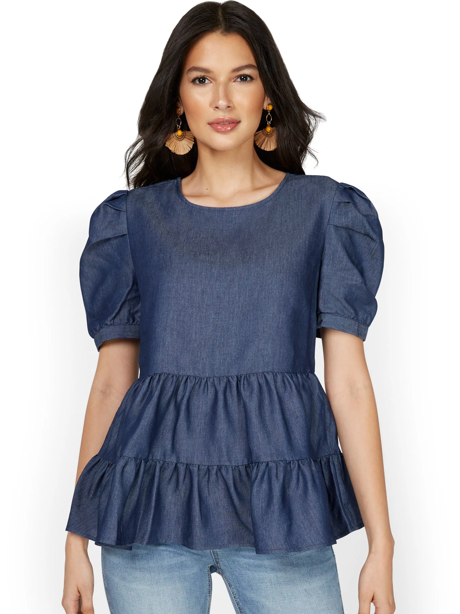 Tiered Babydoll Chambray Top - Lily & Cali - Image 2
