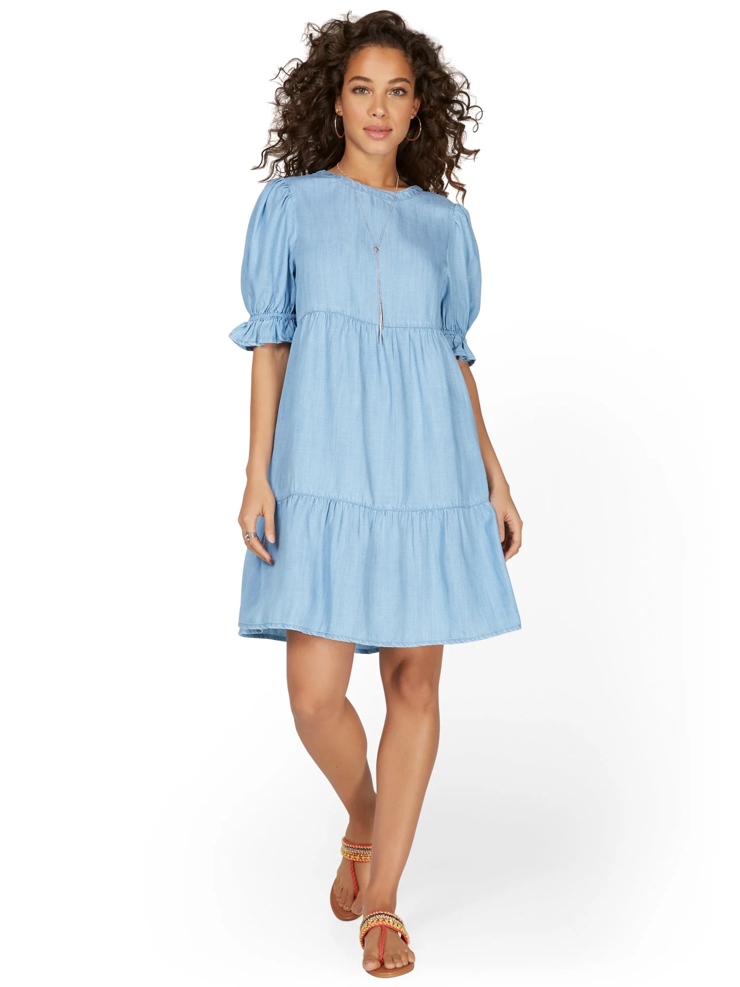 Tiered Tencel Dress with Puff Sleeve - Image 4