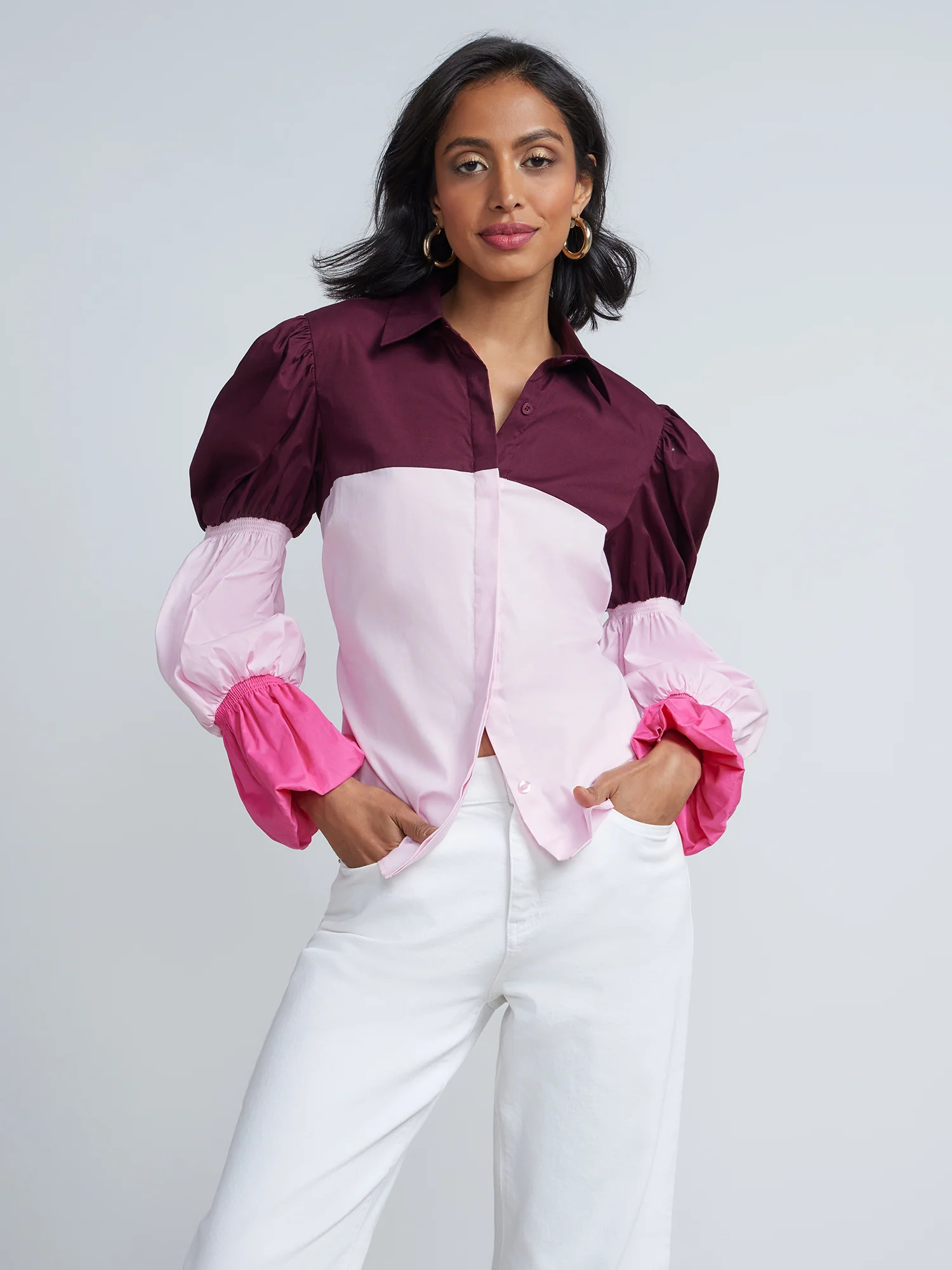 Tri-Color Bubble-Sleeve Button-Front Poplin Shirt