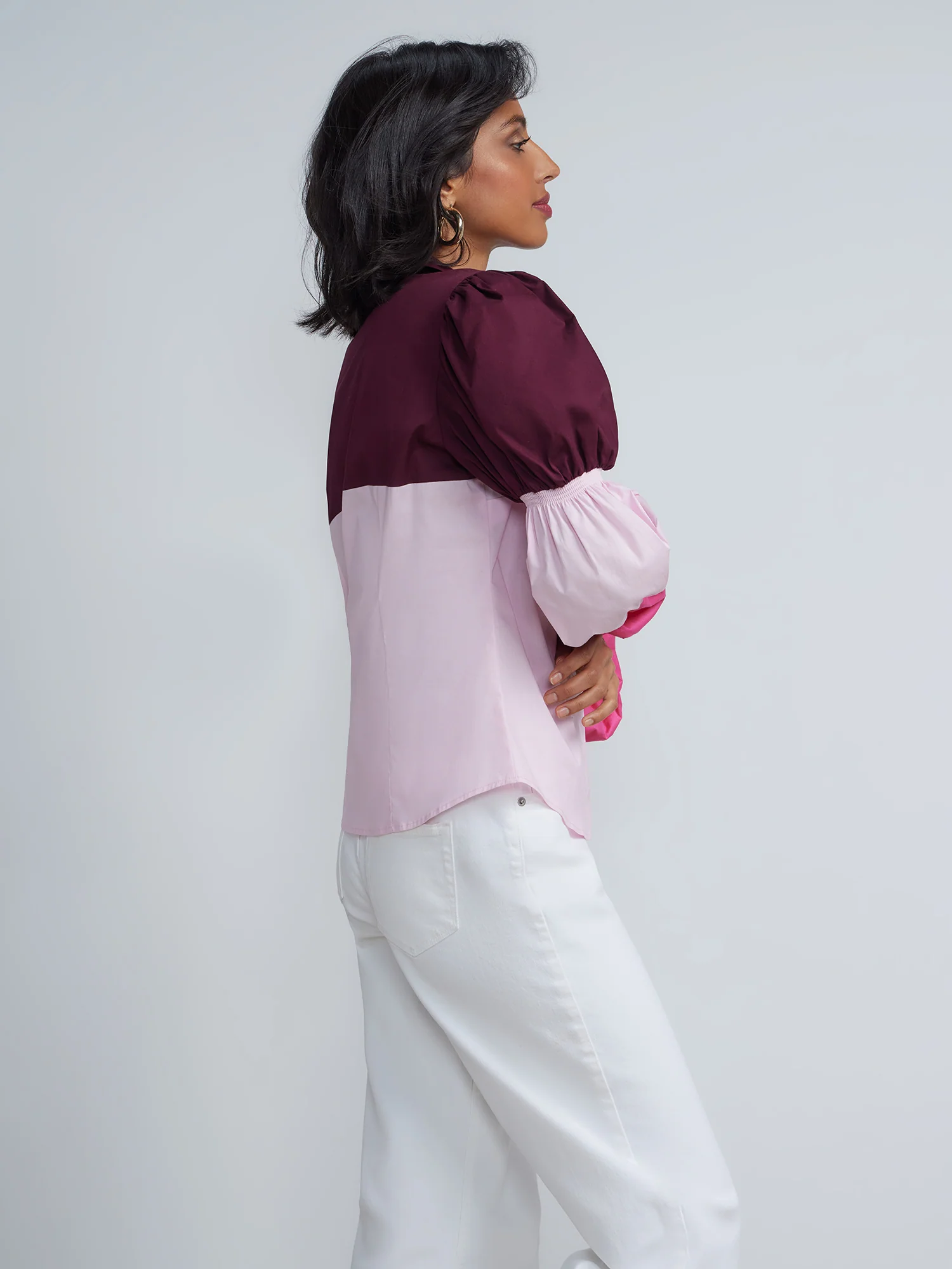 Tri-Color Bubble-Sleeve Button-Front Poplin Shirt - Image 2