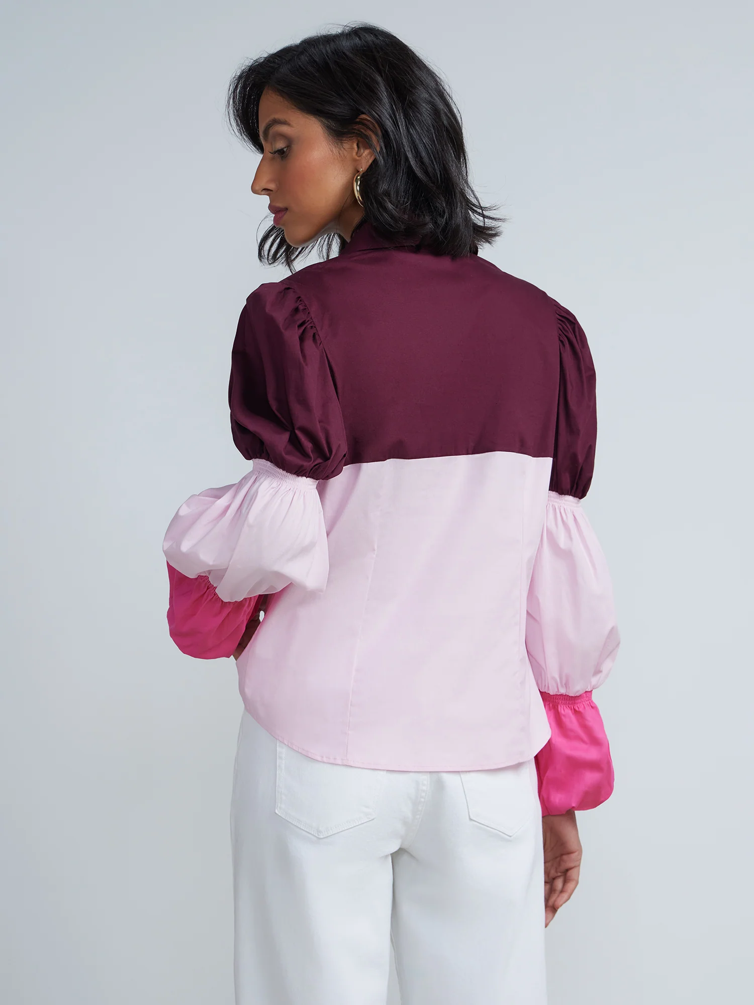 Tri-Color Bubble-Sleeve Button-Front Poplin Shirt - Image 3