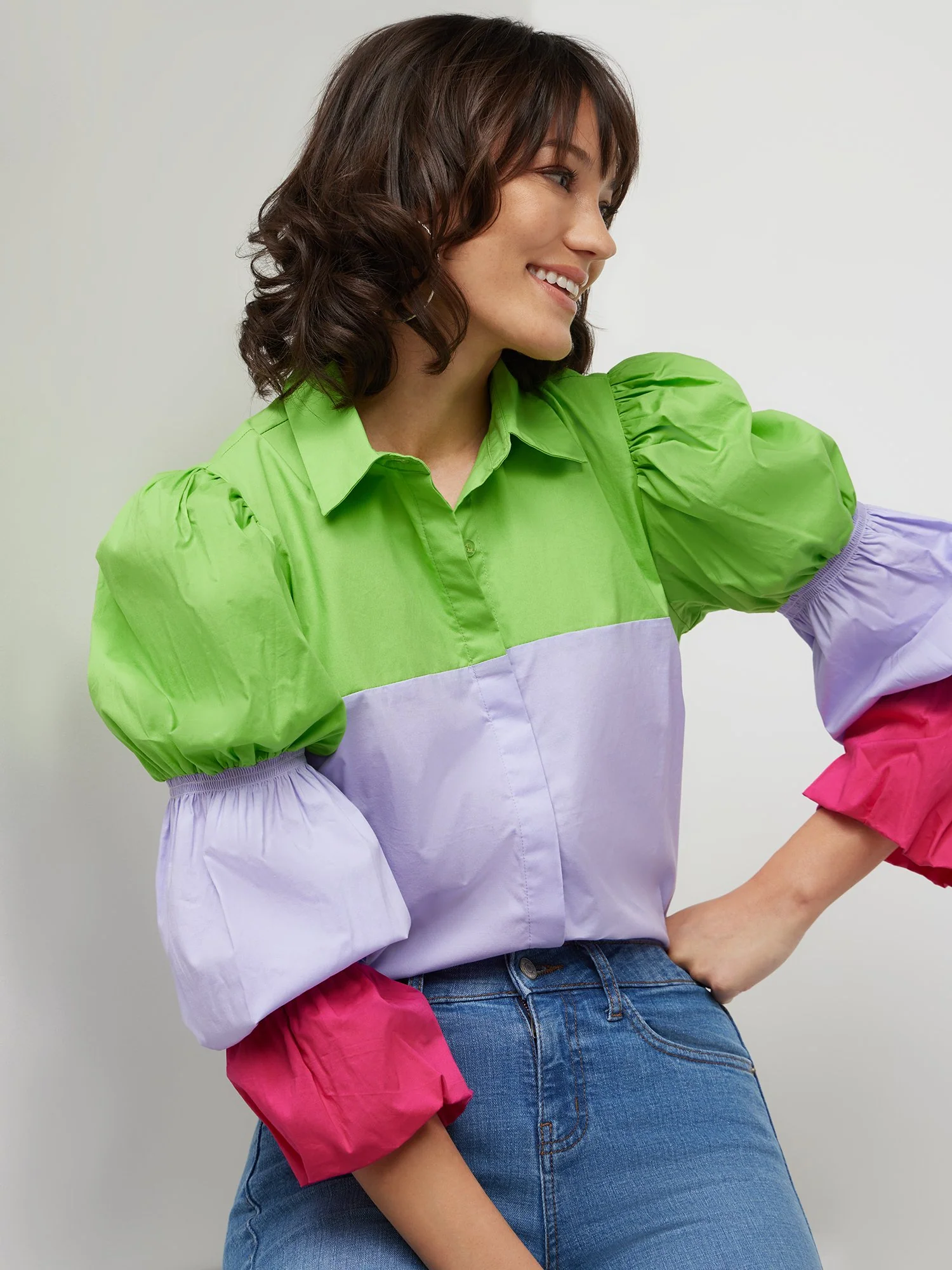 Tri-Color Bubble-Sleeve Button-Front Poplin Shirt - Image 4