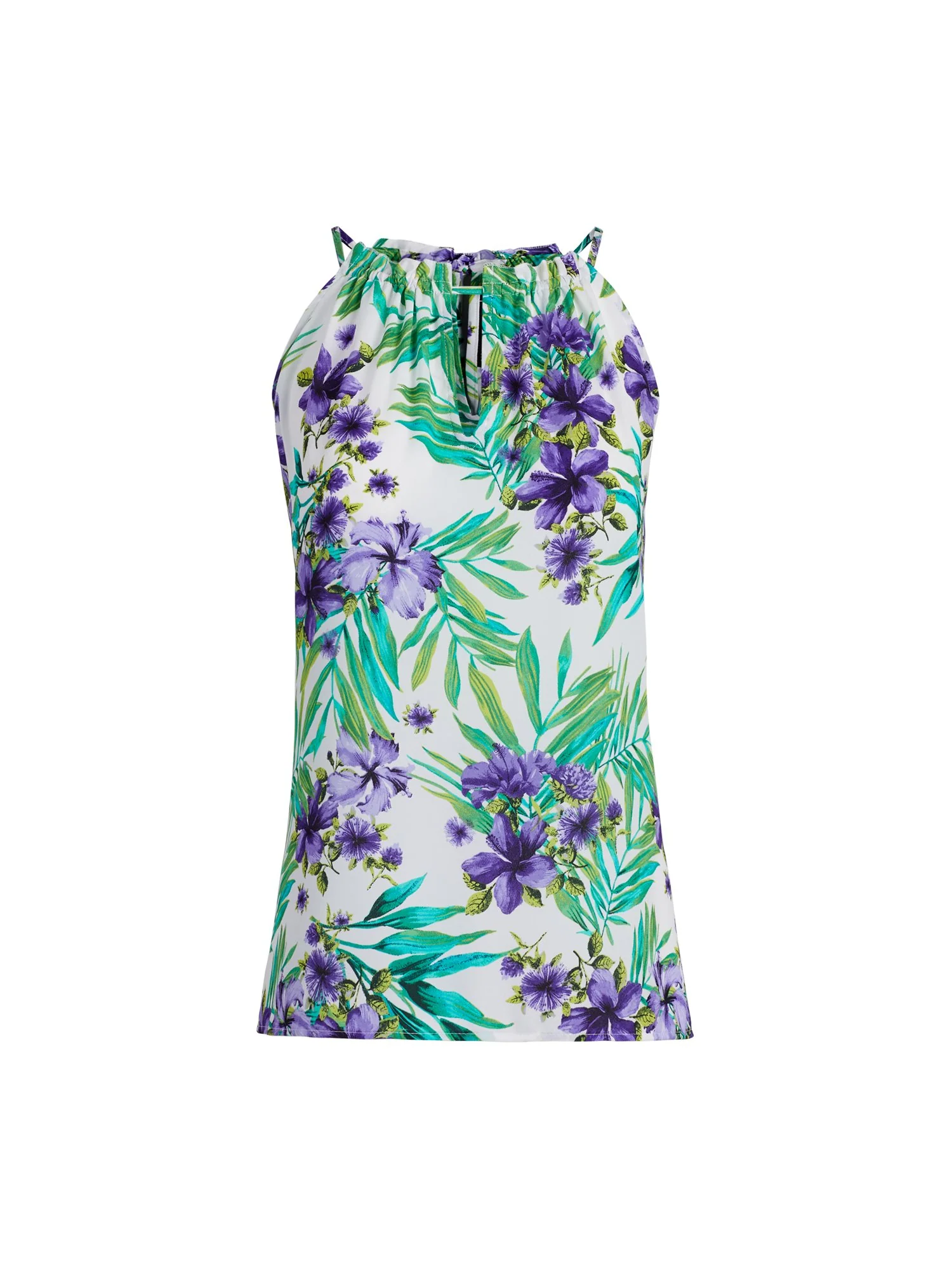Tropical Floral Print Ruffled Neck Halter Top - Image 2