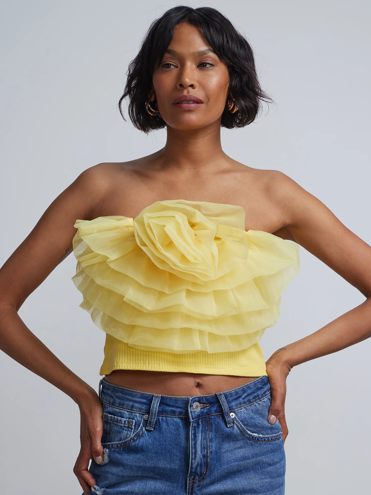 Tulle-Rosette Strapless Knit Top