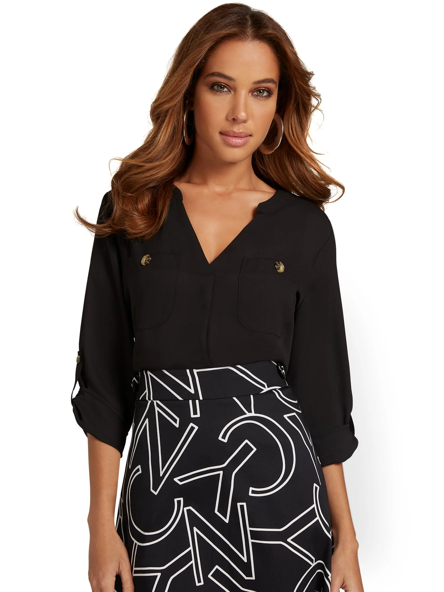 Two-Pocket Tab-Sleeve Blouse