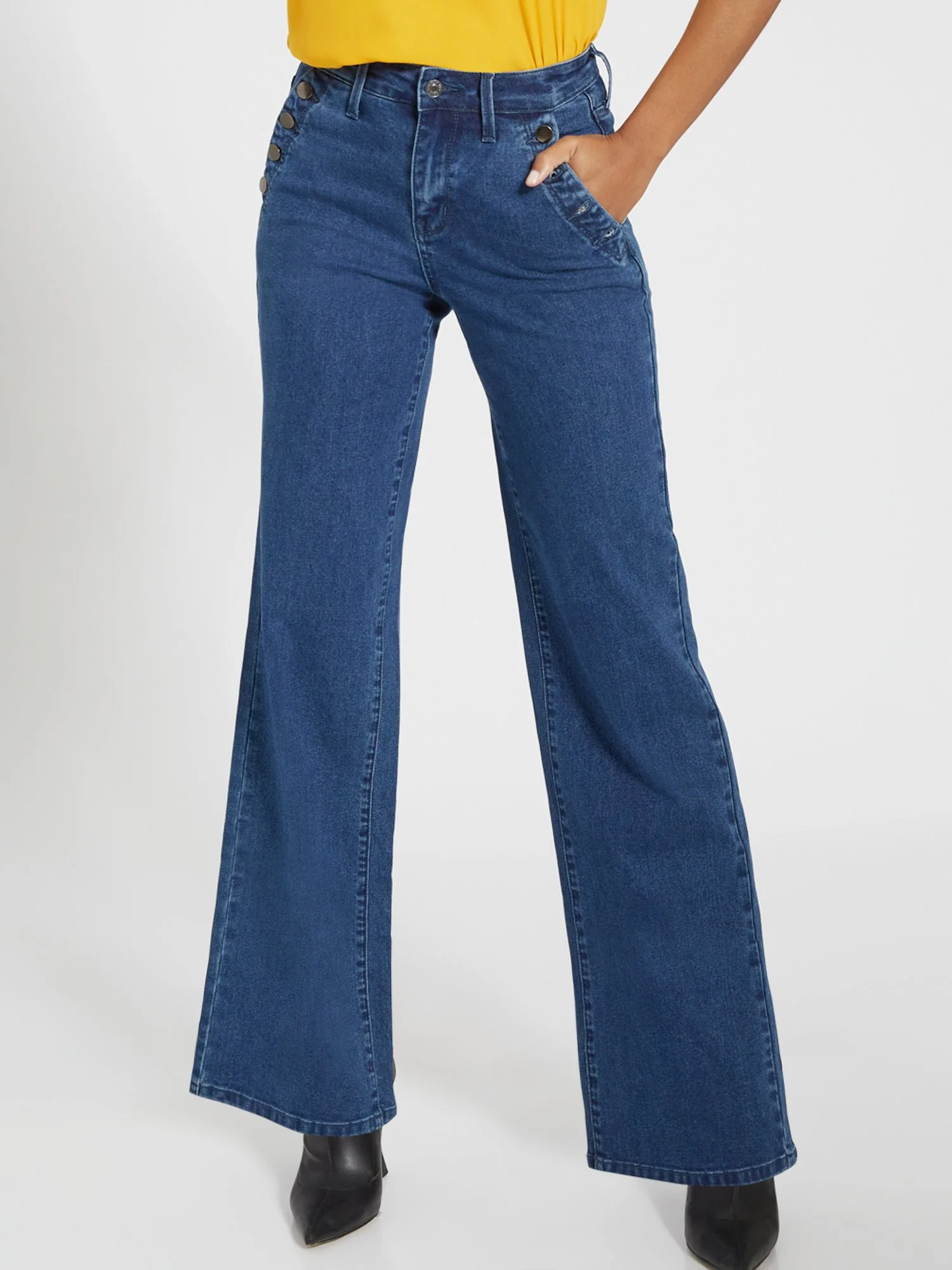 Ultra High-Waisted Button Pocket Detail Wide-Jeans - Dark Wash - Image 2