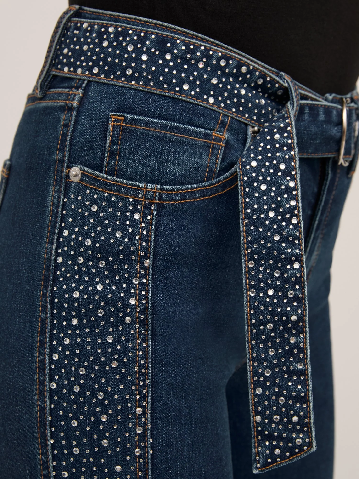 Ultra High-Waisted Rhinestone-Embellished Side-Stripe Wide-Leg Jeans - Medium Wash - Image 4