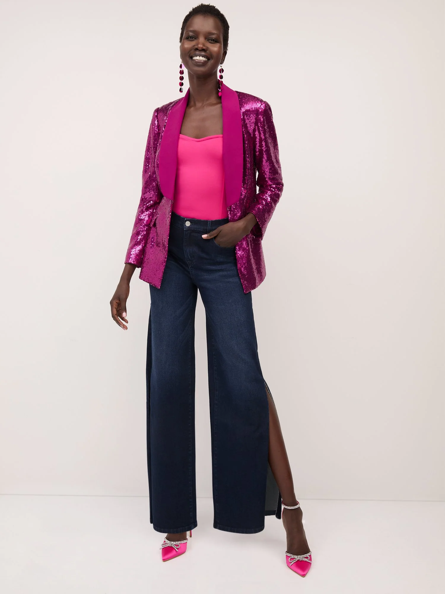Ultra High-Waisted Rhinestone-Slit Wide-Leg Jeans - Dark Wash