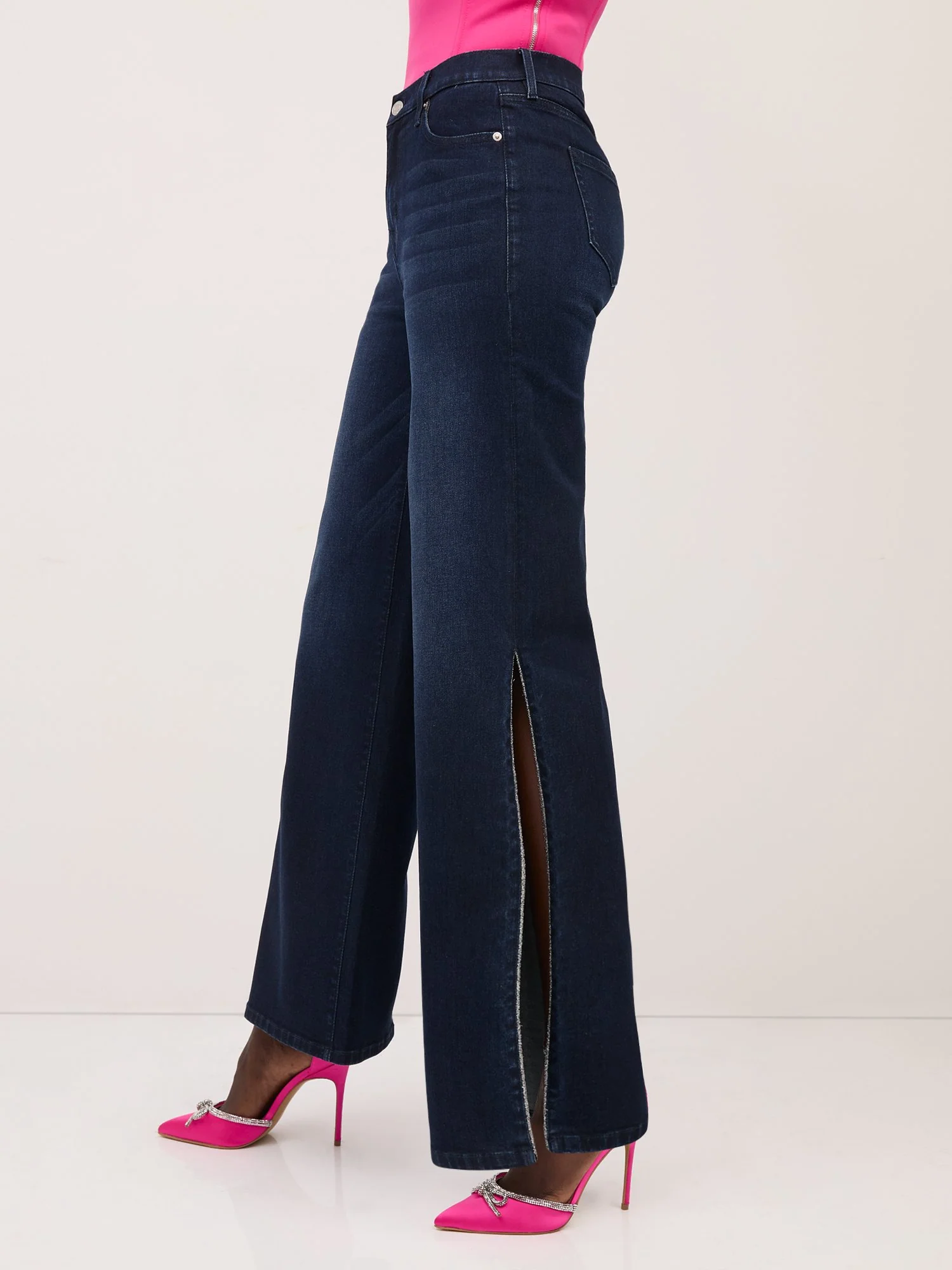 Ultra High-Waisted Rhinestone-Slit Wide-Leg Jeans - Dark Wash - Image 5