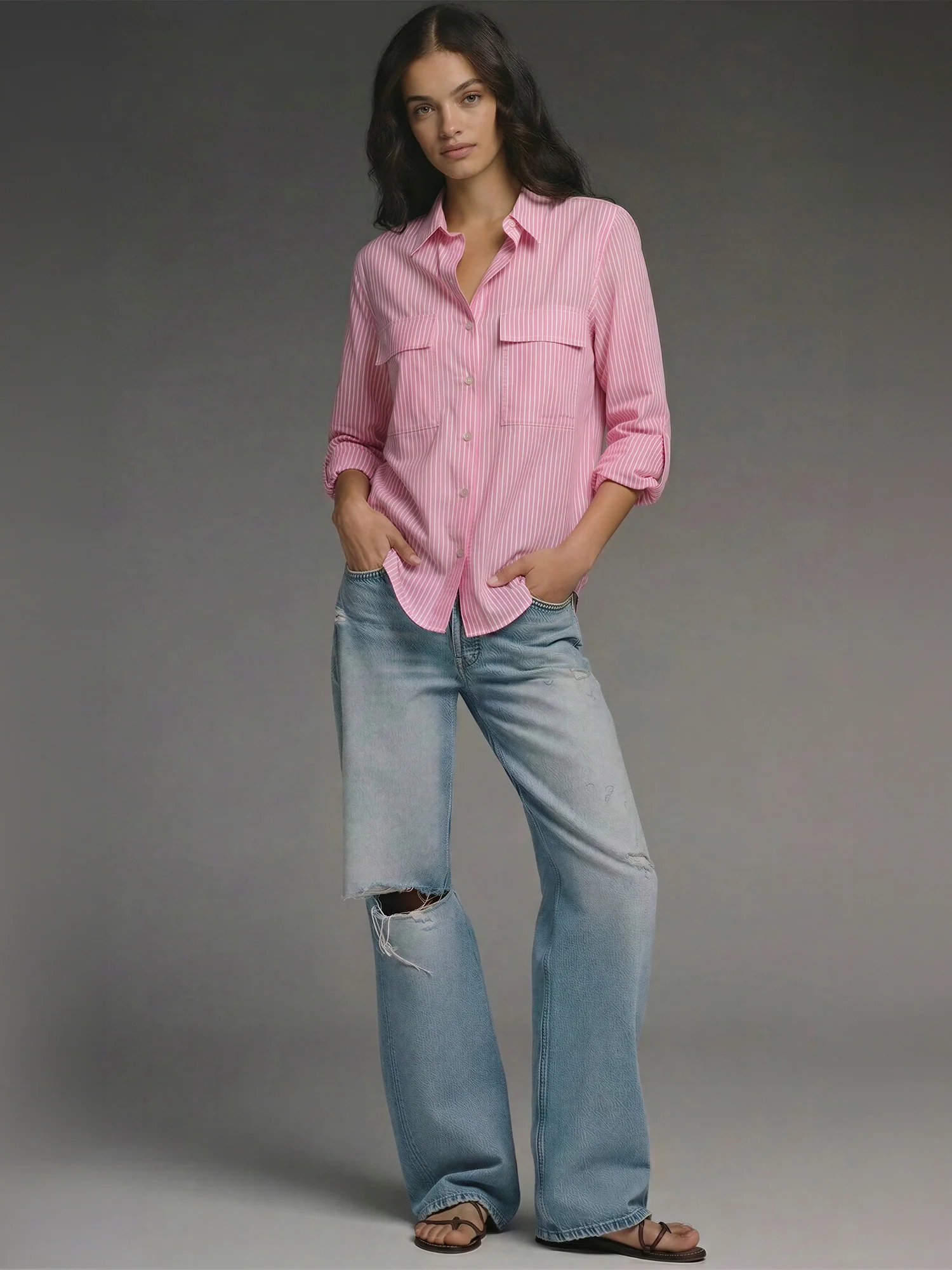 Utility Striped Two Pocket Linen Blend Button Down Shirt - Image 2