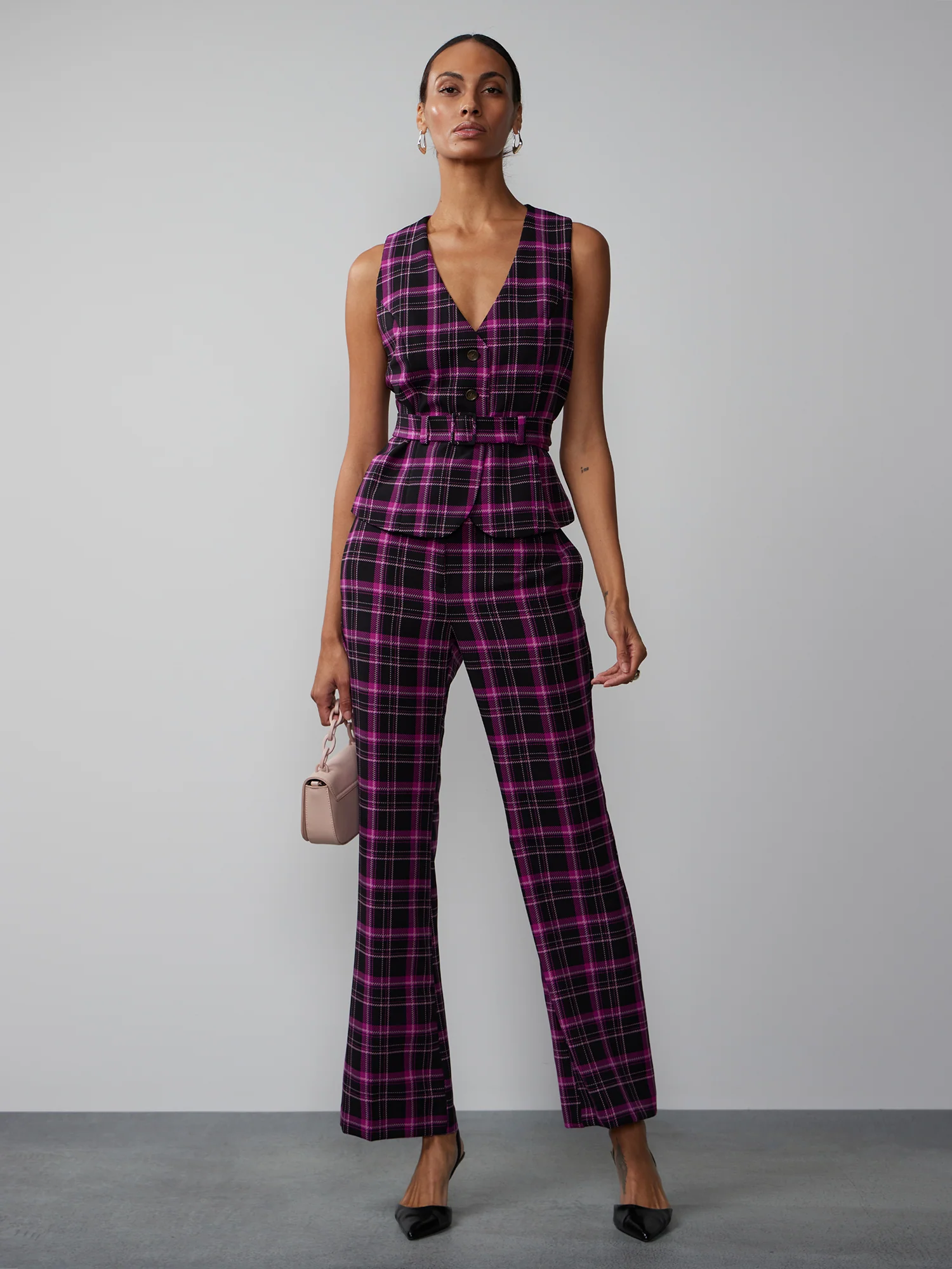 V-Neck Belted Plaid Vest - Image 4