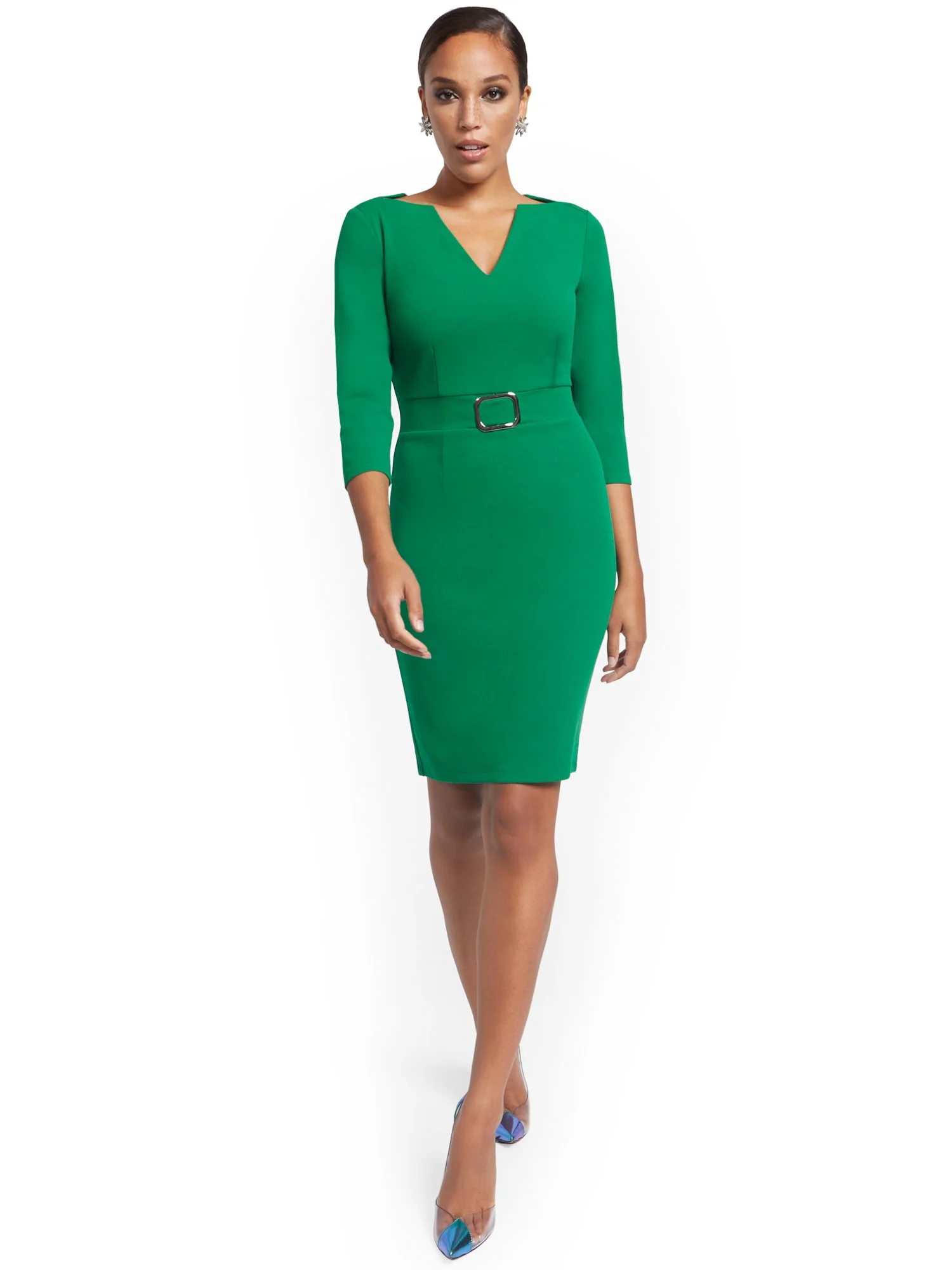 V-Neck Buckled-Detail Sheath Dress - Magic Crepe® - Image 5