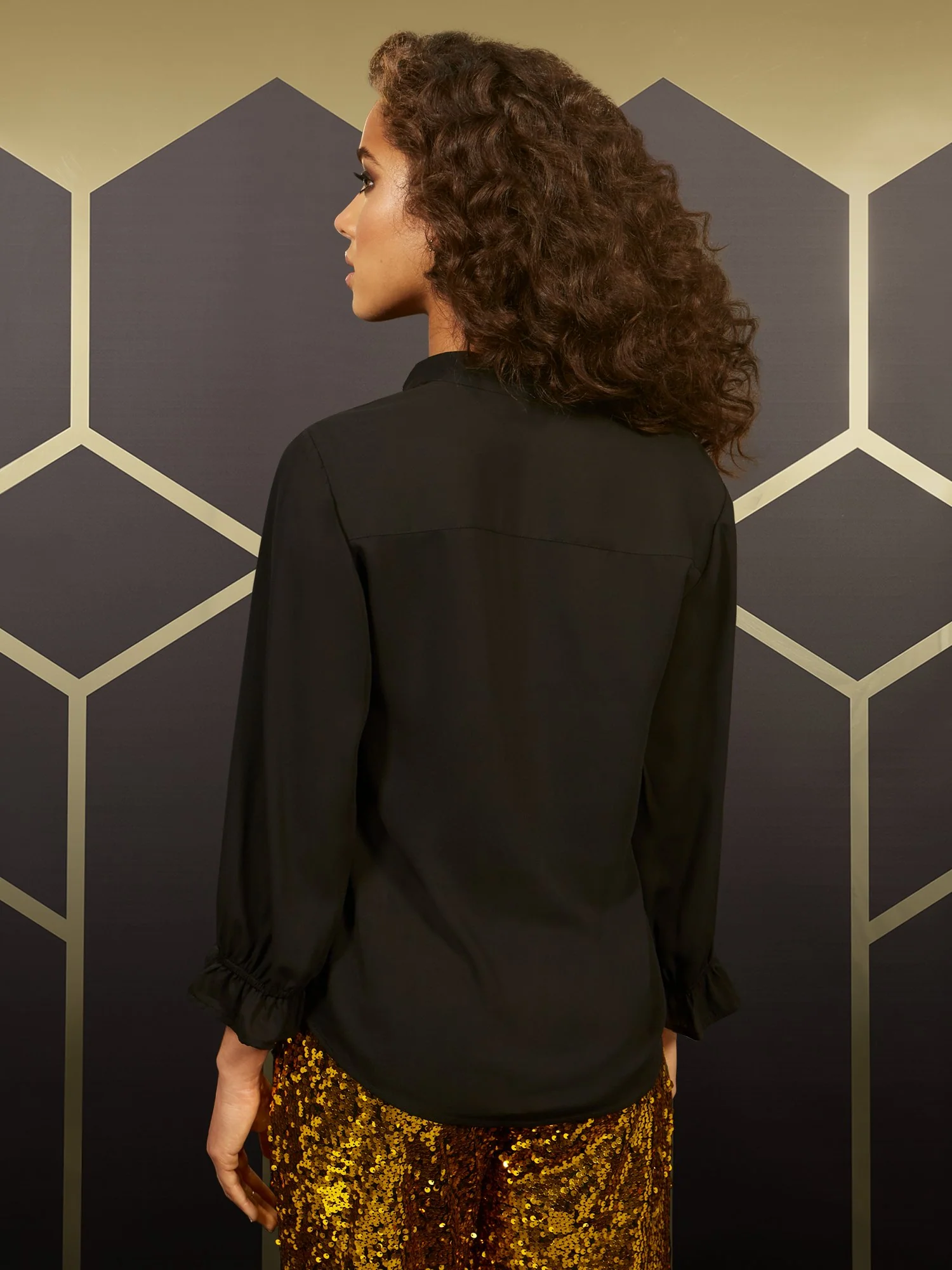 V-Neck Button-Down Ruffle-Sleeve Blouse - Image 3