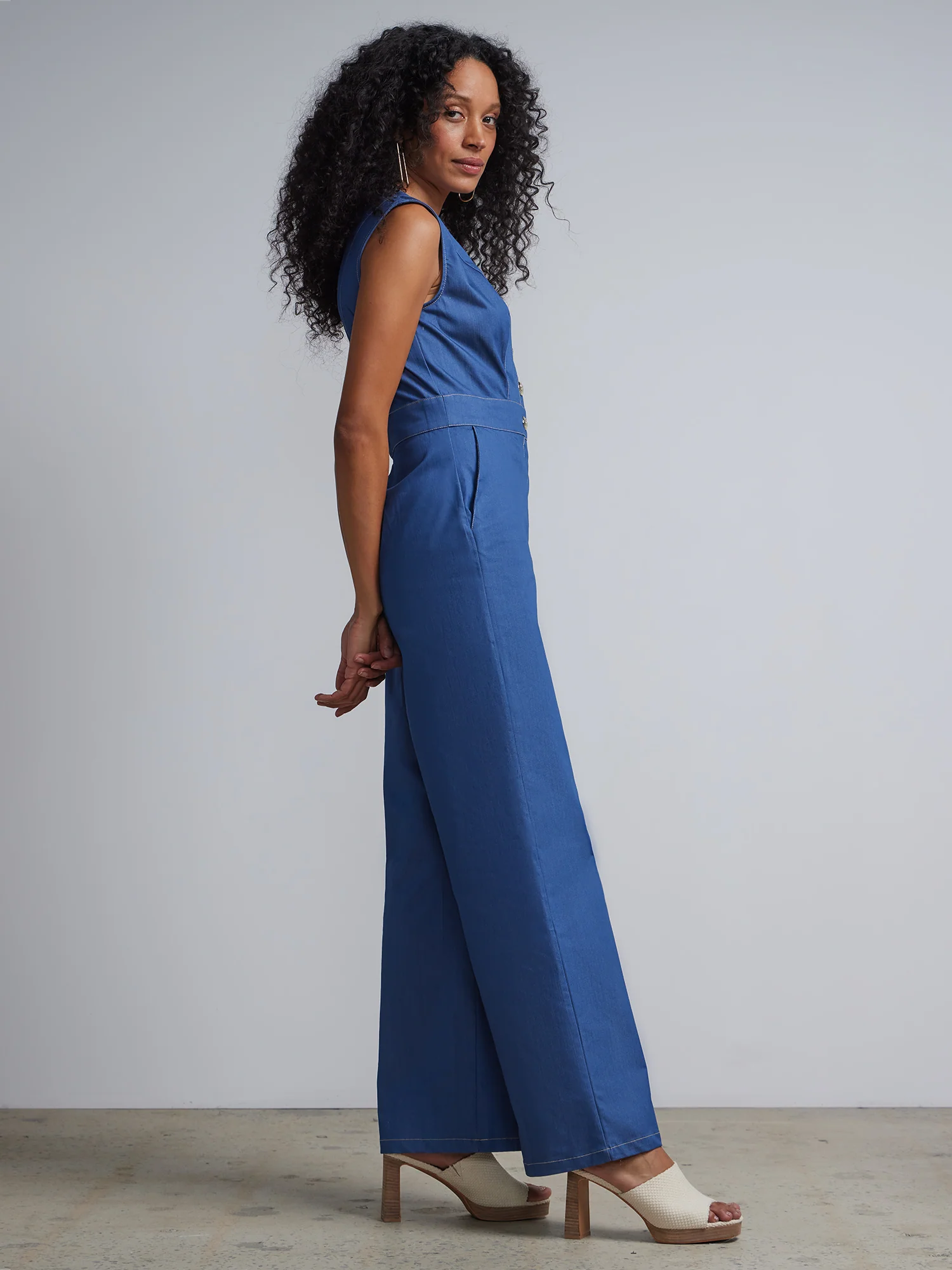 V-Neck Button-Front Jumpsuit - Image 2