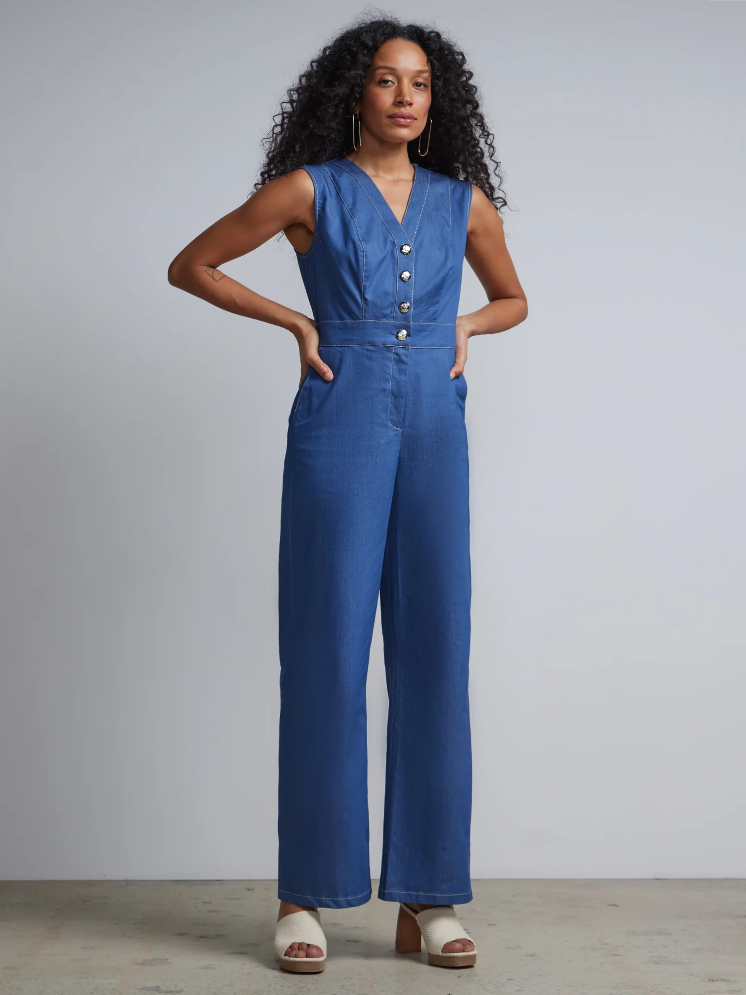 V-Neck Button-Front Jumpsuit - Image 4