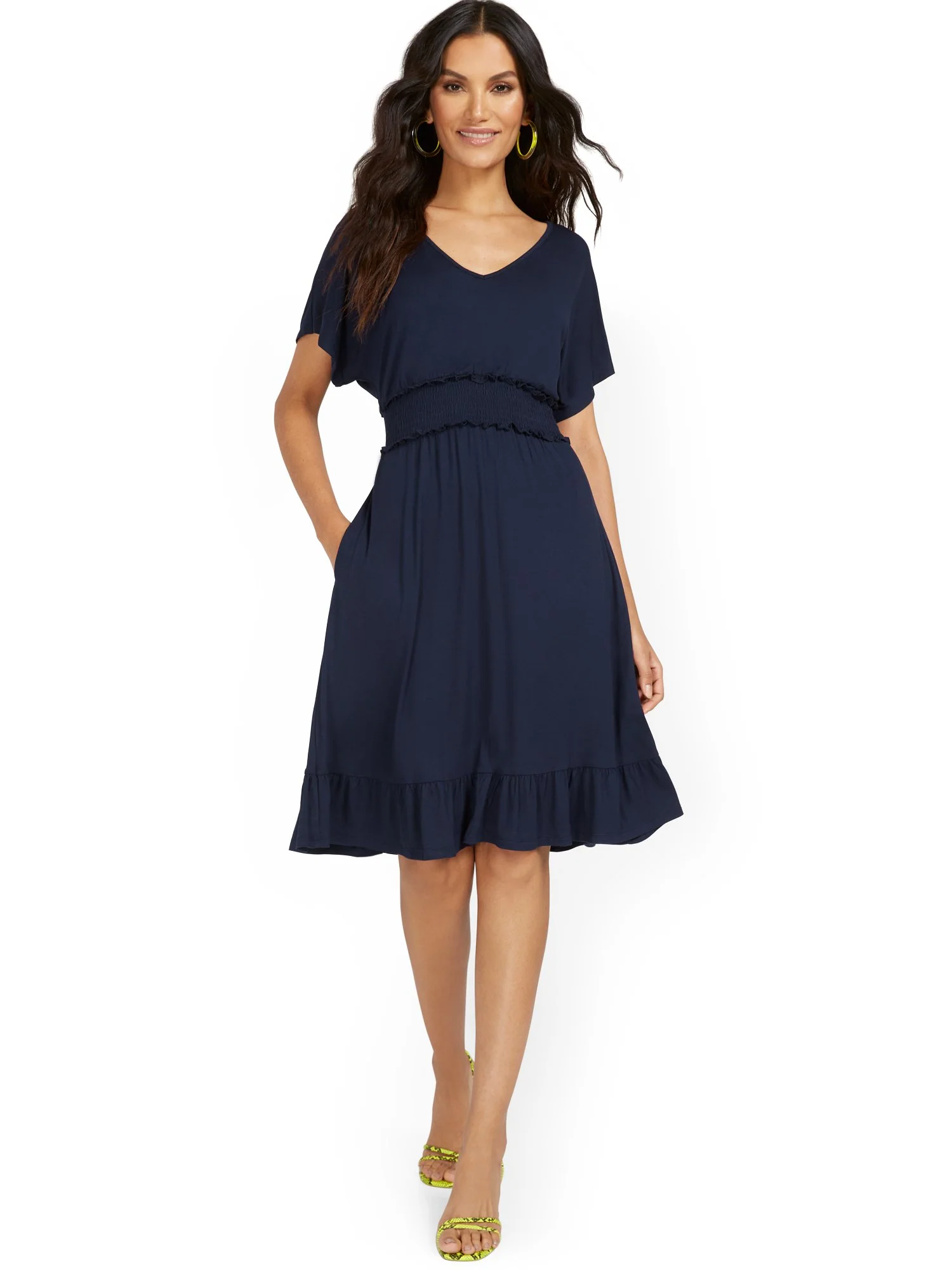 V-Neck Dolman-Sleeve Frill Dress - Image 4
