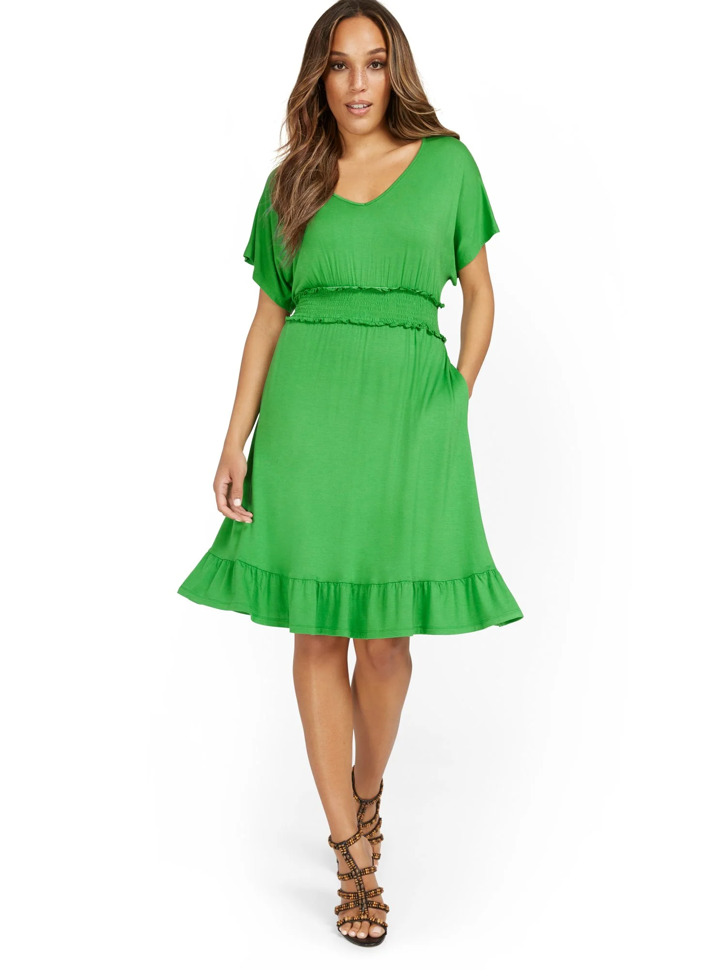 V-Neck Dolman-Sleeve Frill Dress - Image 7