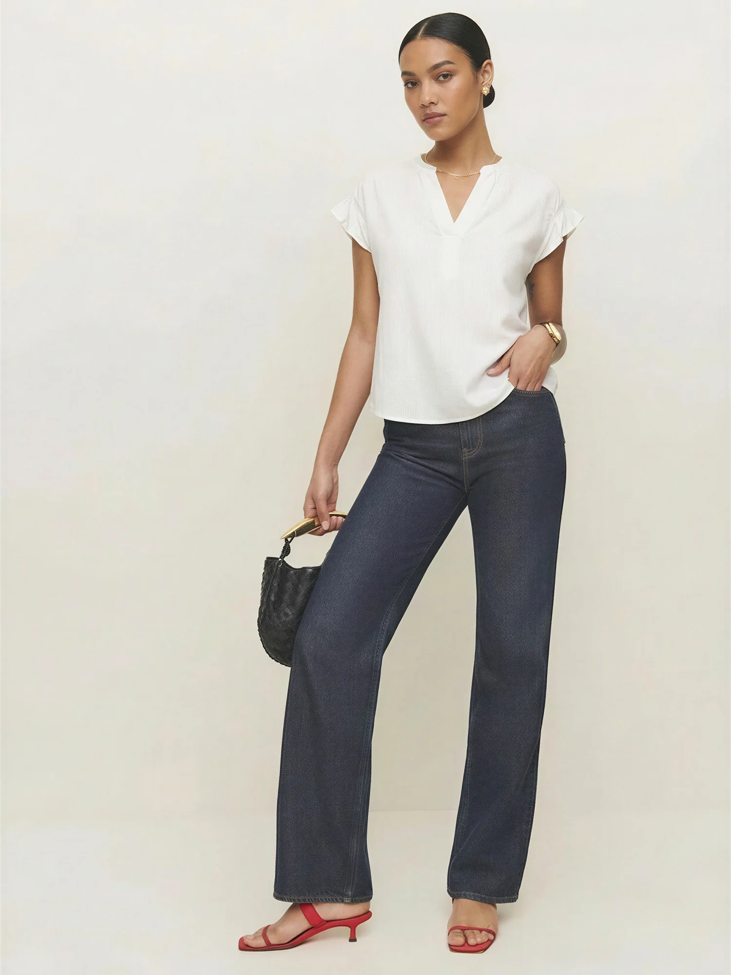 V Neck Flutter Sleeve Elastic Back Blouse - Image 2