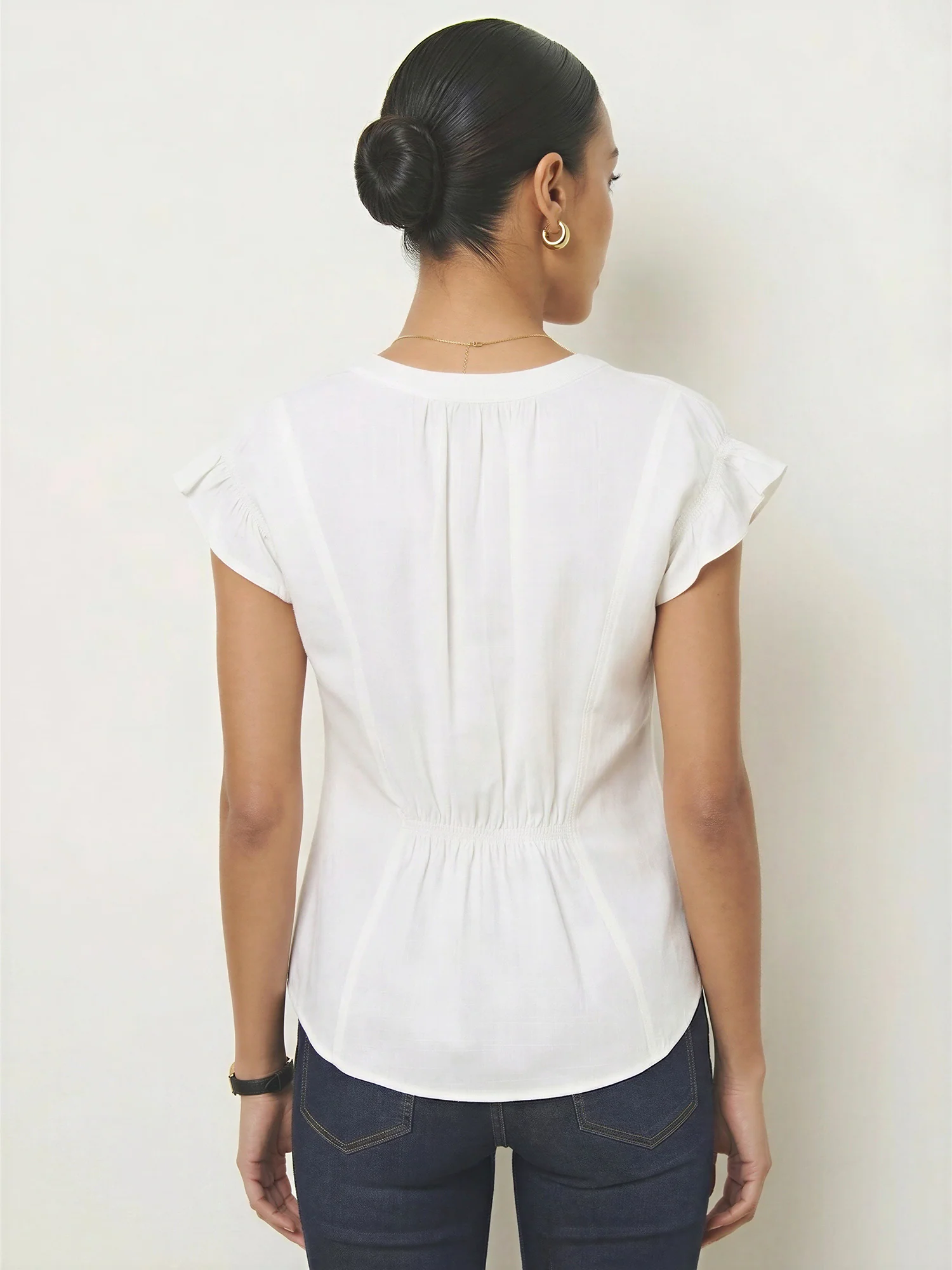 V Neck Flutter Sleeve Elastic Back Blouse - Image 3