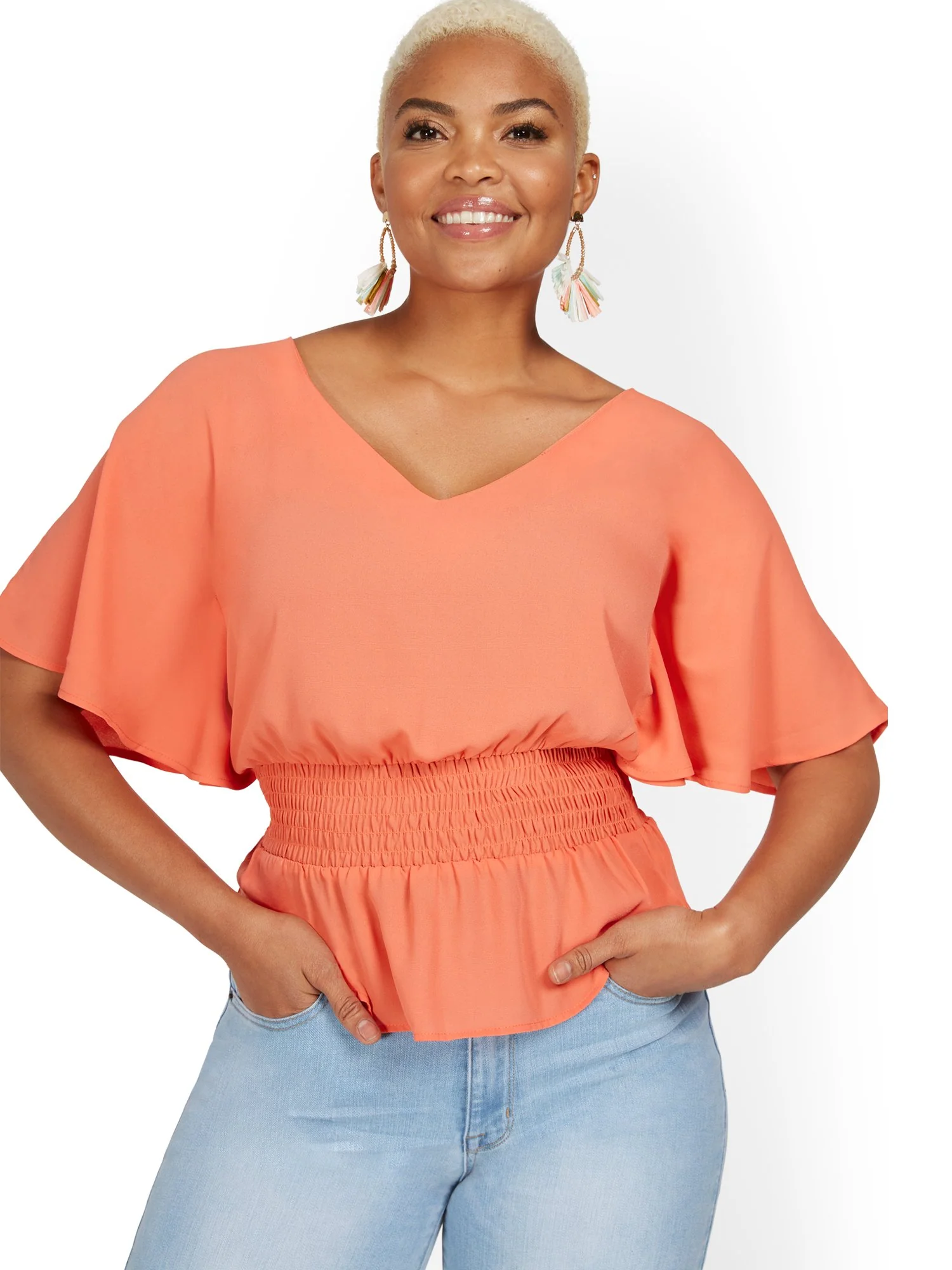 V-Neck Flutter-Sleeve Smocked Top - Image 2