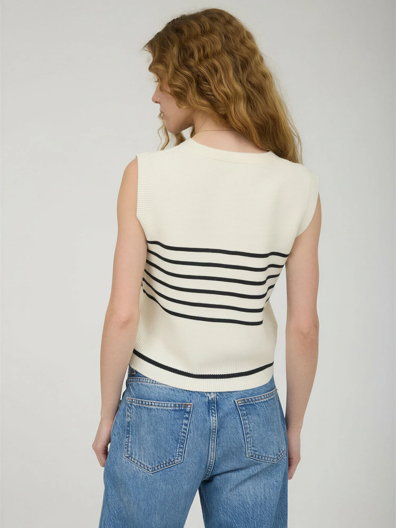 V Neck Gold Button Striped Sweater Vest - Image 4