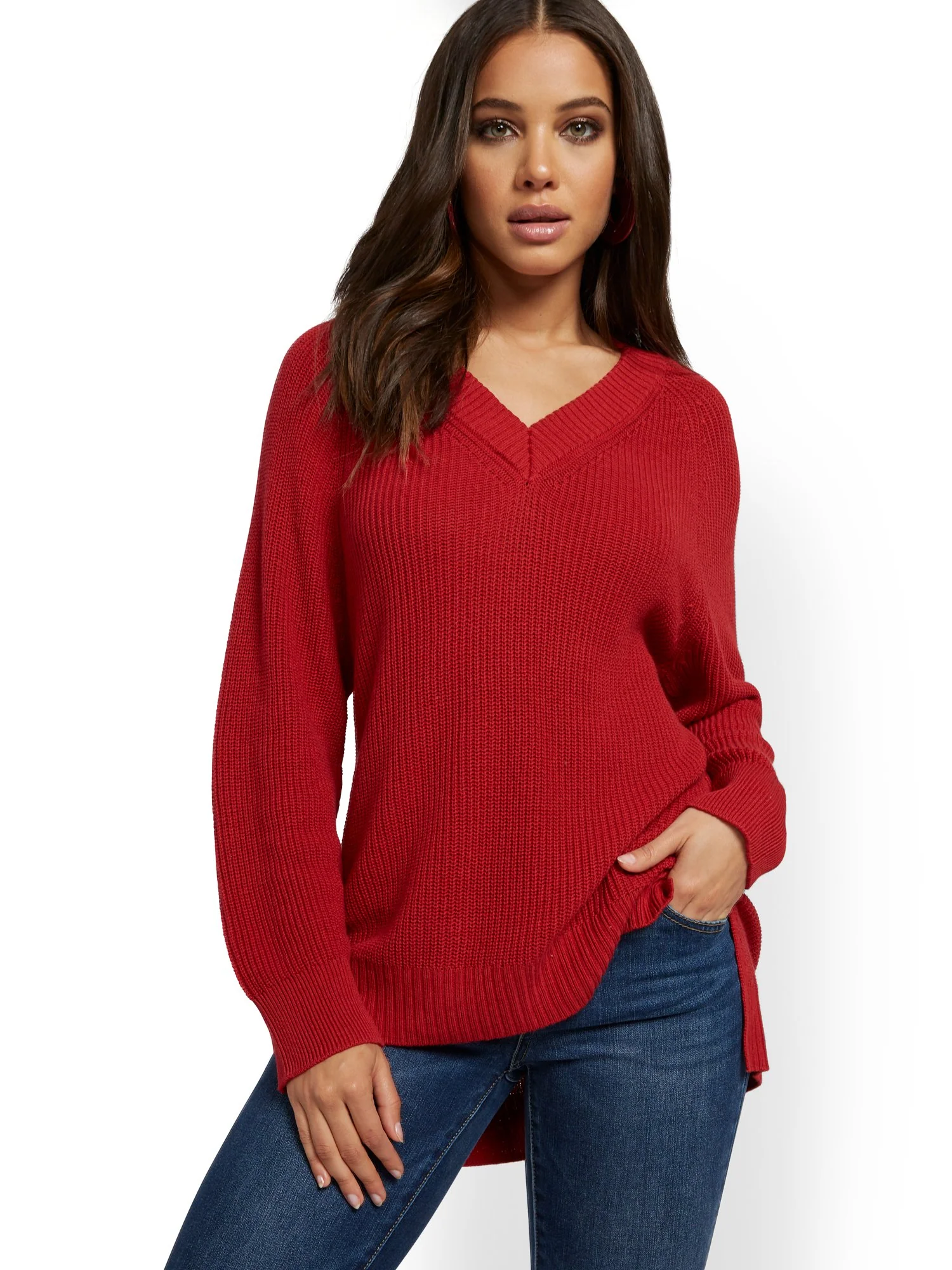 V-Neck High-Low Tunic Sweater - Image 2