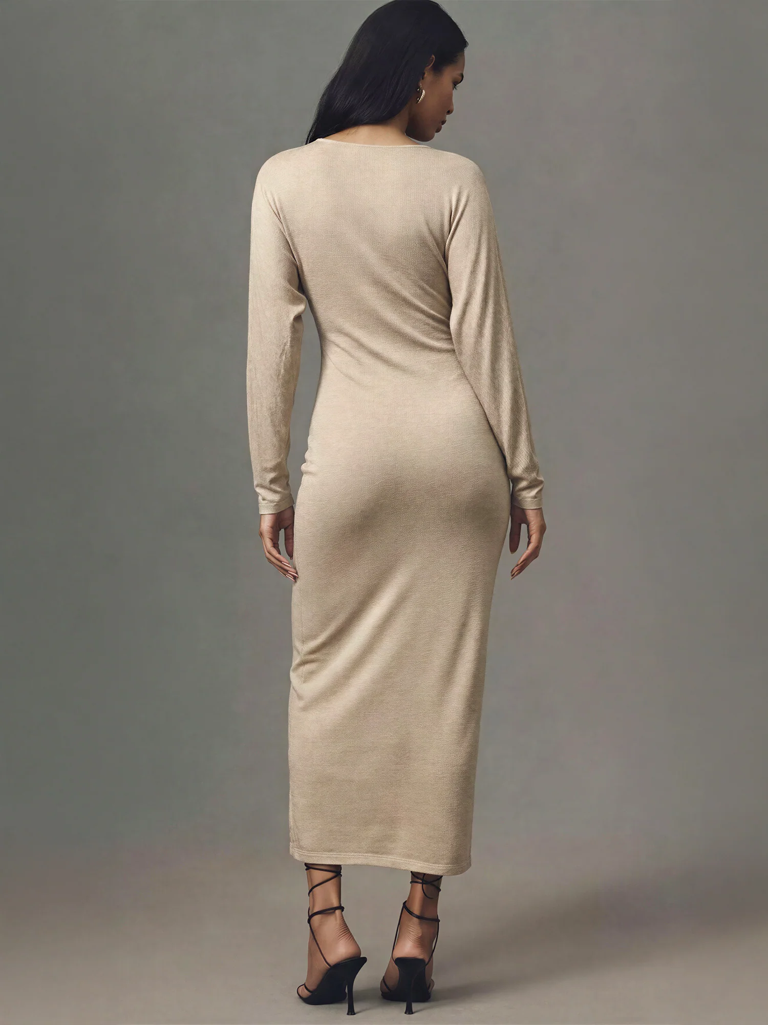 V-Neck Knit Ruched Midi Dress - Image 3