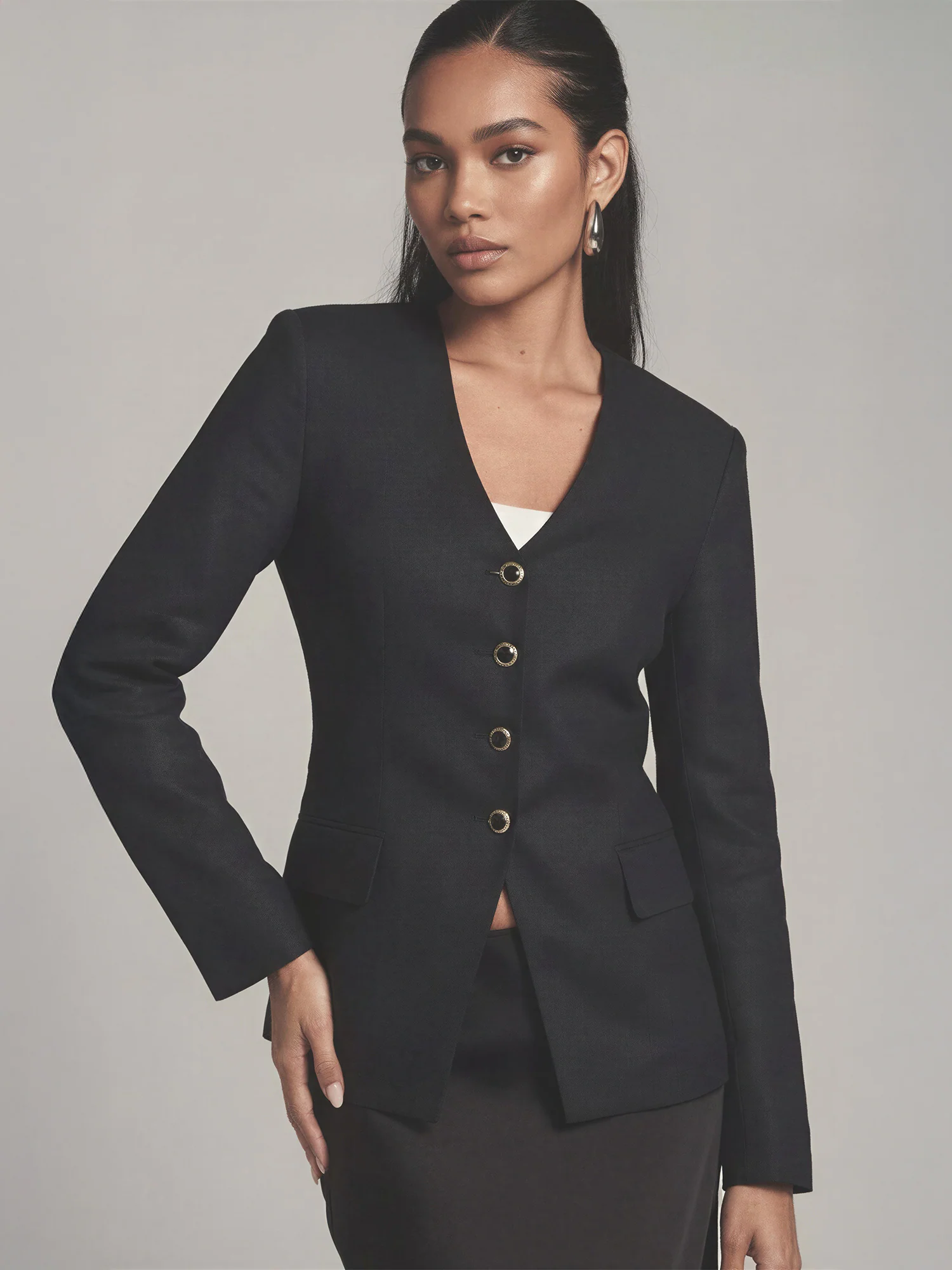 V Neck Linen Lady Jacket