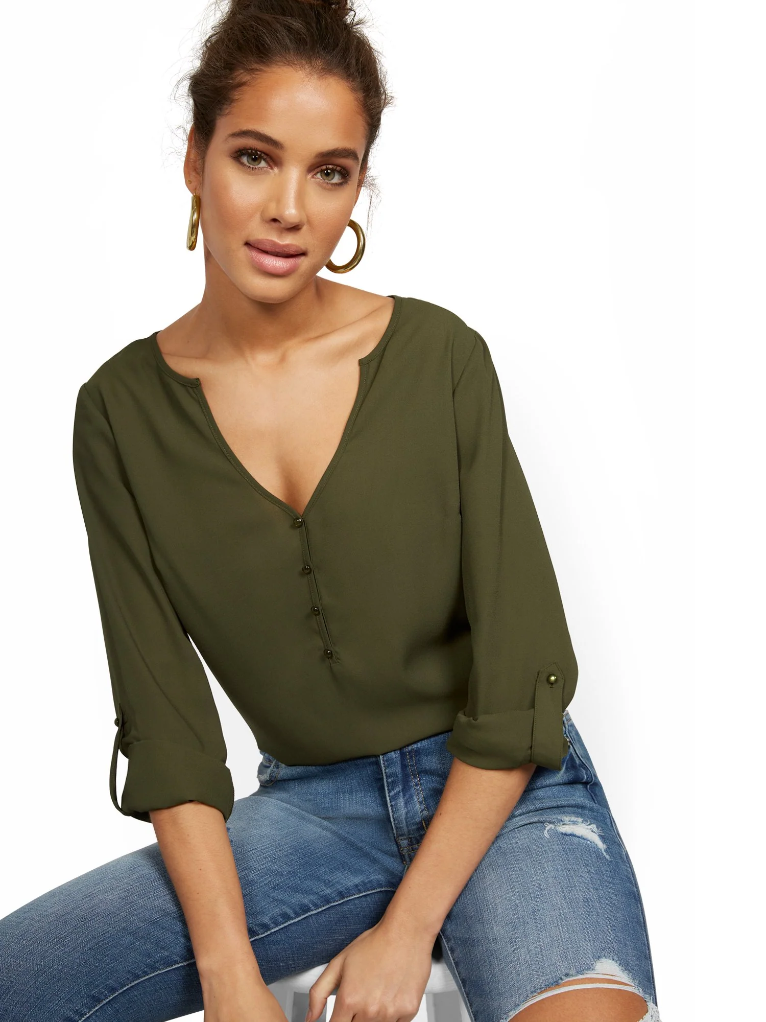 V-Neck Rolled Tab-Sleeve Blouse - Image 11