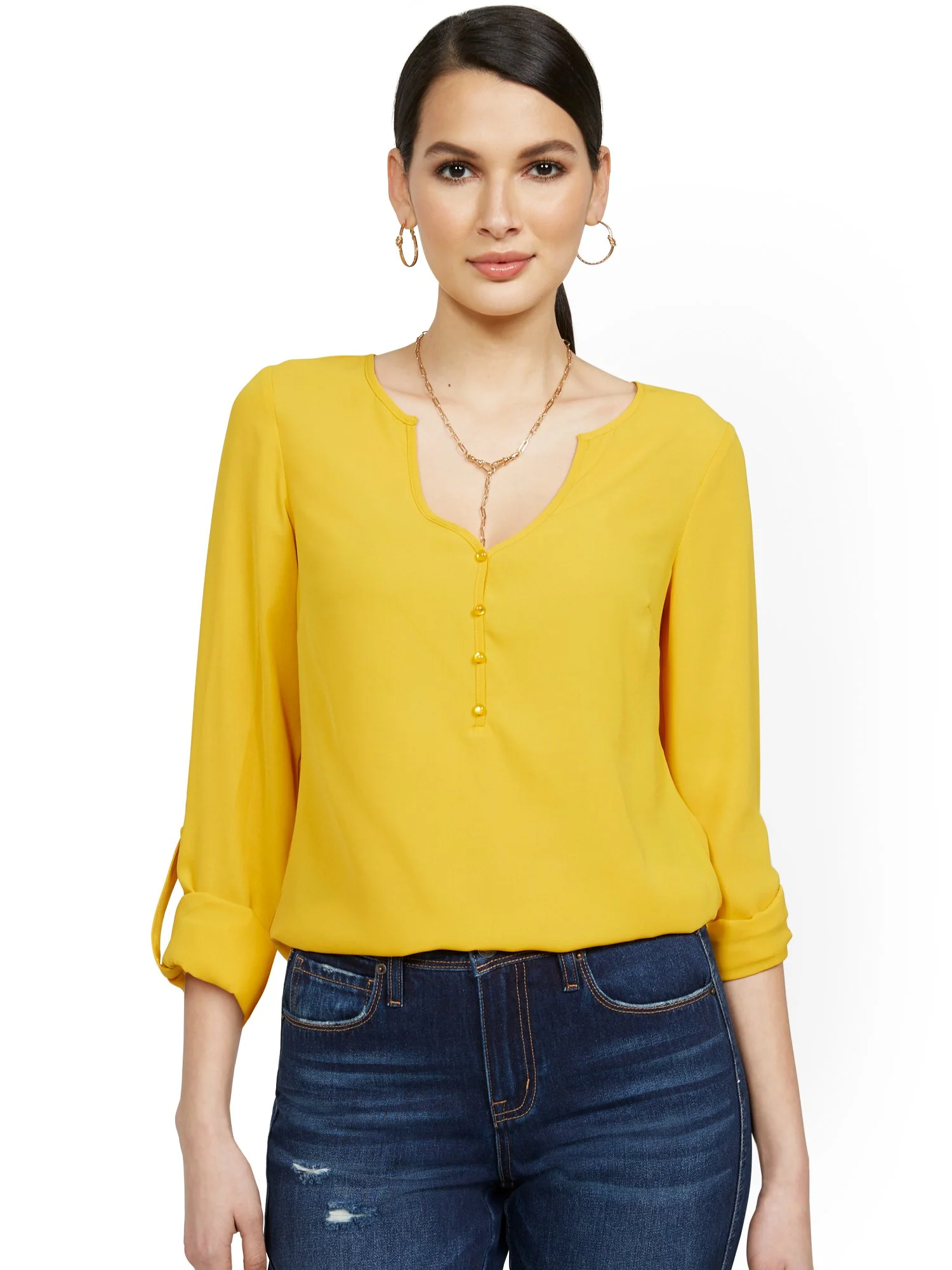V-Neck Rolled Tab-Sleeve Blouse - Image 6