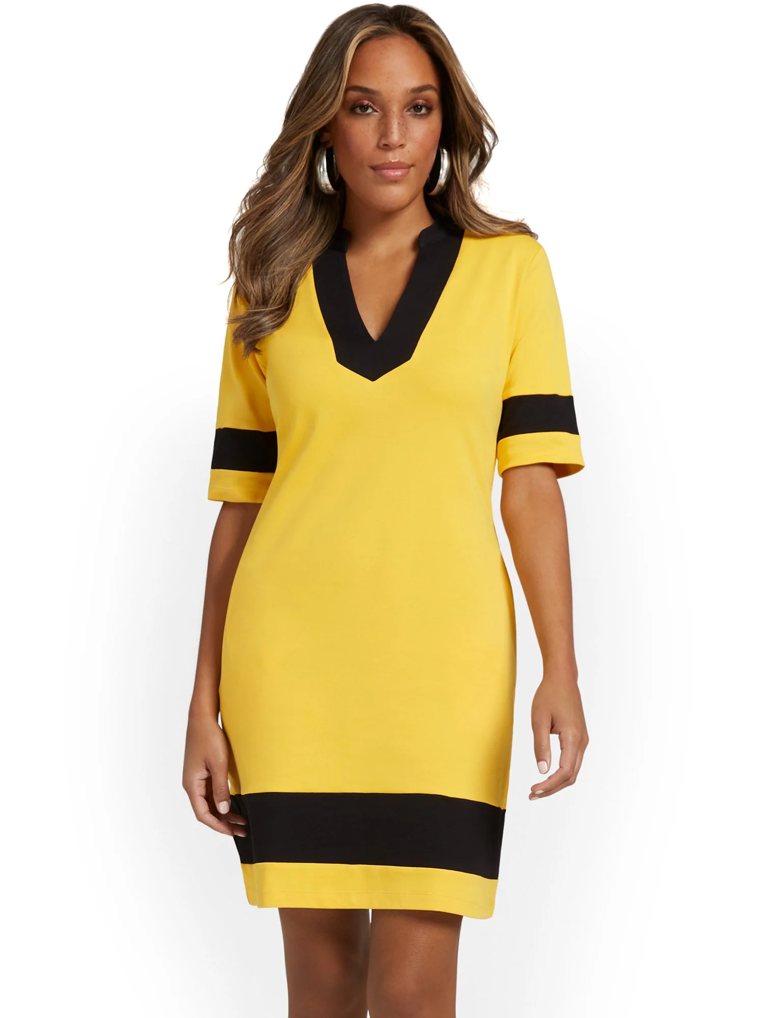 V-Neck Stripe-Accent Shift Dress - City Knits - Image 19