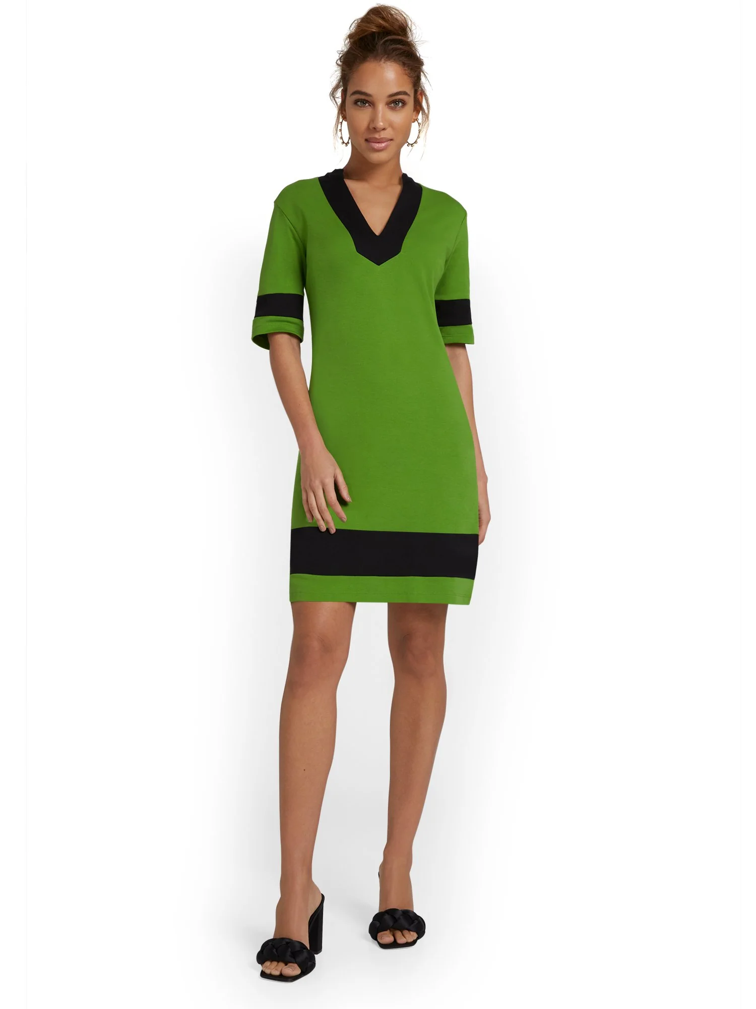 V-Neck Stripe-Accent Shift Dress - City Knits - Image 3