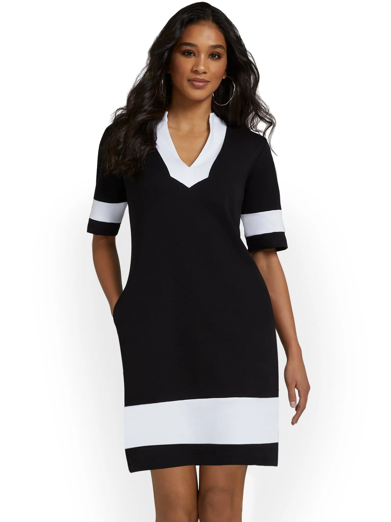 V-Neck Stripe-Accent Shift Dress - City Knits - Image 5