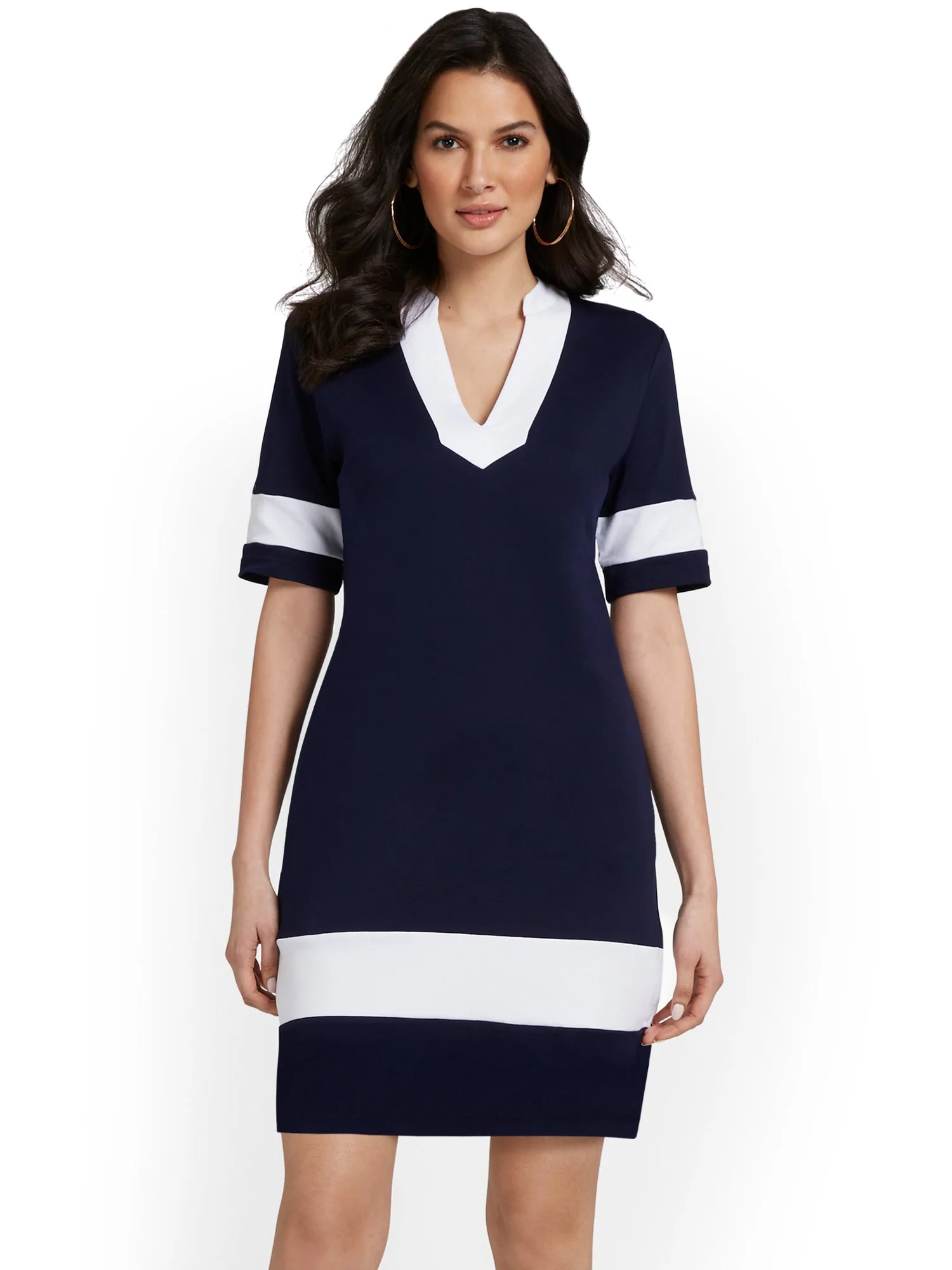 V-Neck Stripe-Accent Shift Dress - City Knits - Image 9